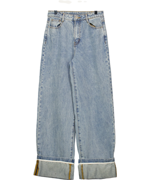 The Couture Club Blue Light Wash Fold Over Hem Wide Leg Jean UK 8