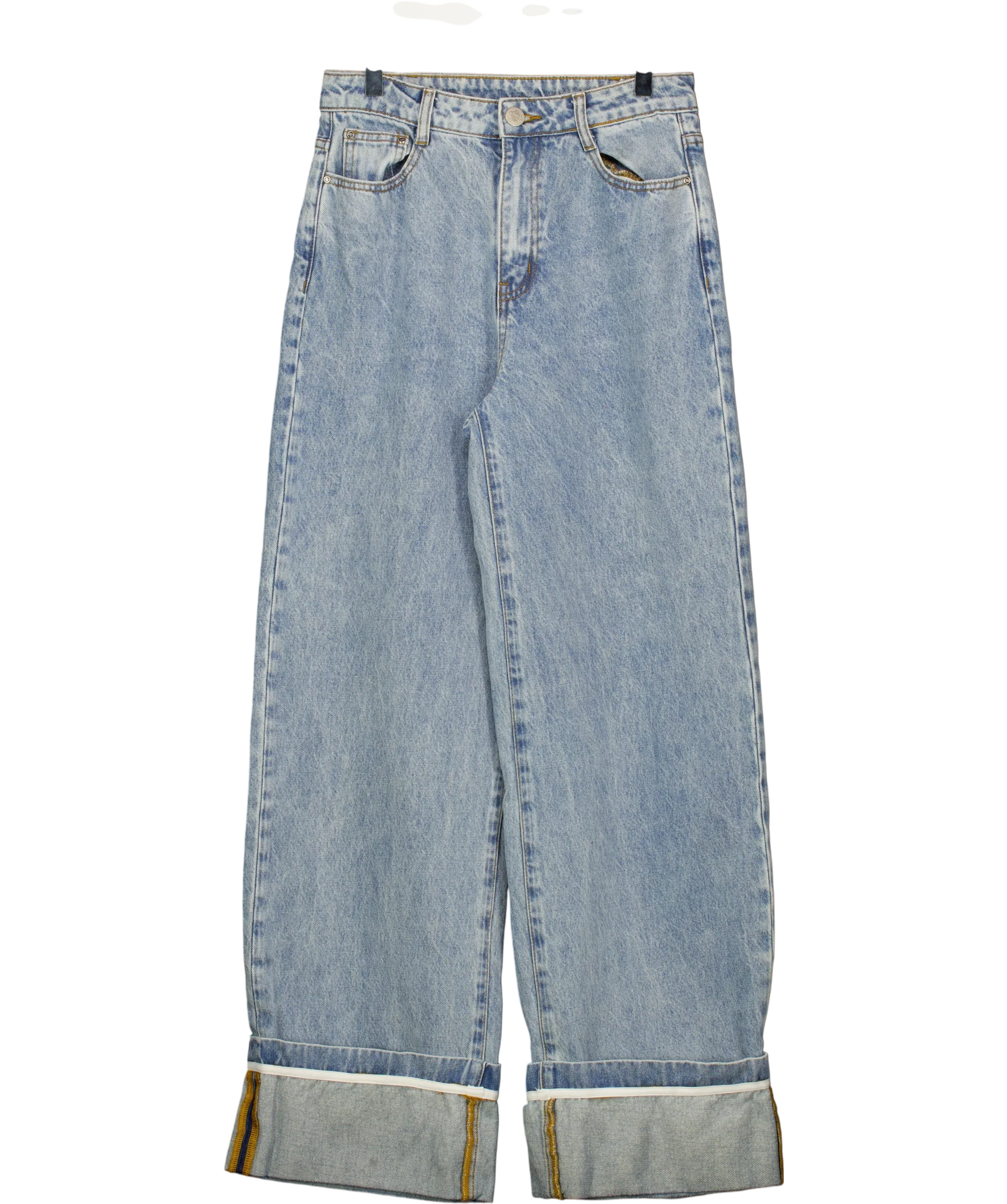 The Couture Club Blue Light Wash Fold Over Hem Wide Leg Jean, size UK 8 — front