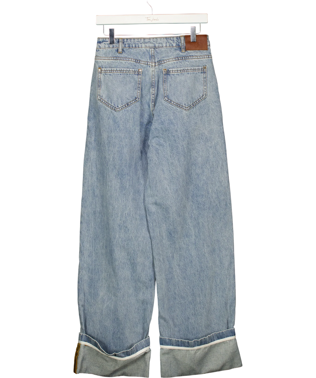 The Couture Club Blue Light Wash Fold Over Hem Wide Leg Jean, size UK 8 — back