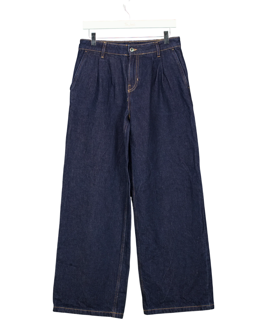 MANGO Blue Dark Wash Pleated Wide Leg Jeans, size UK 8 — front