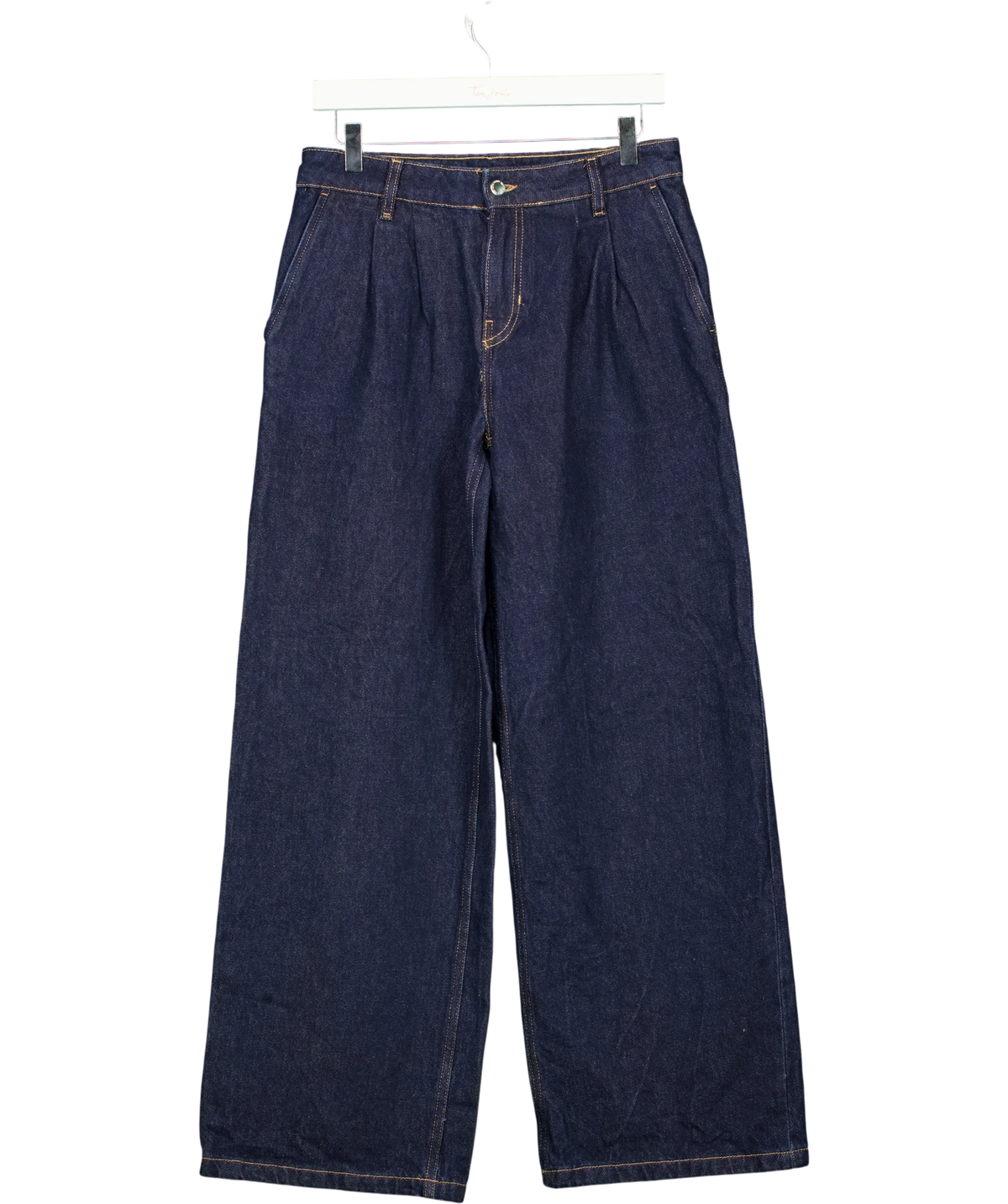 MANGO Blue Dark Wash Pleated Wide Leg Jeans, size UK 8 — front