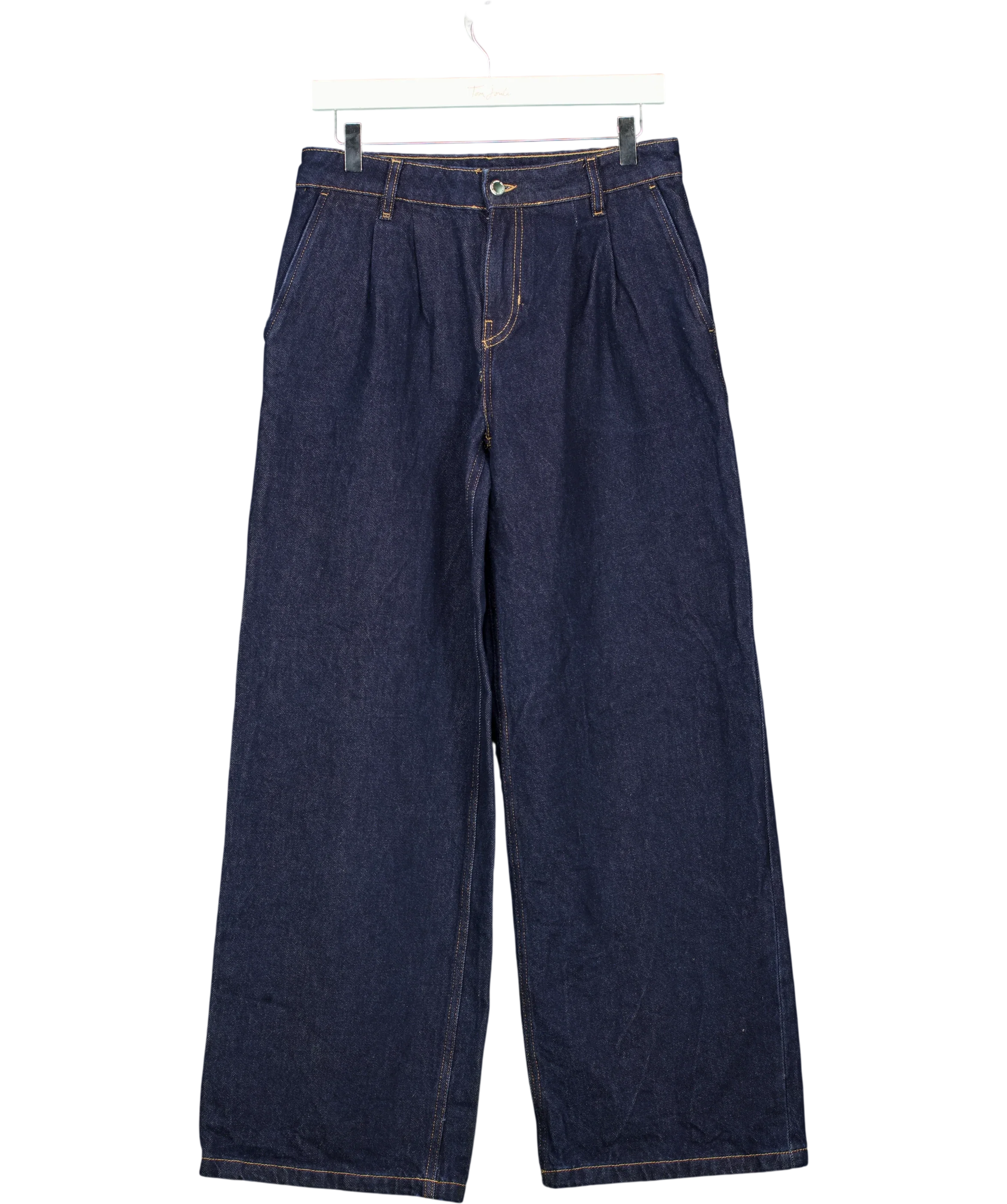 MANGO Blue Dark Wash Pleated Wide Leg Jeans, size UK 8 — front