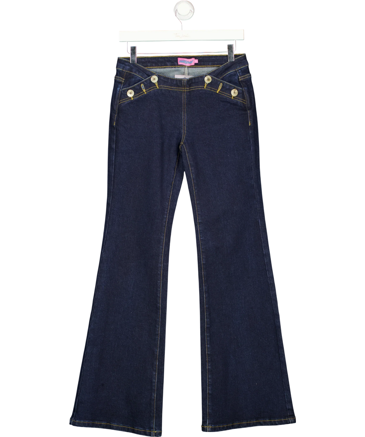 Edikted Blue Alison Dark Wash Low Rise Flared Jeans, size UK S — front