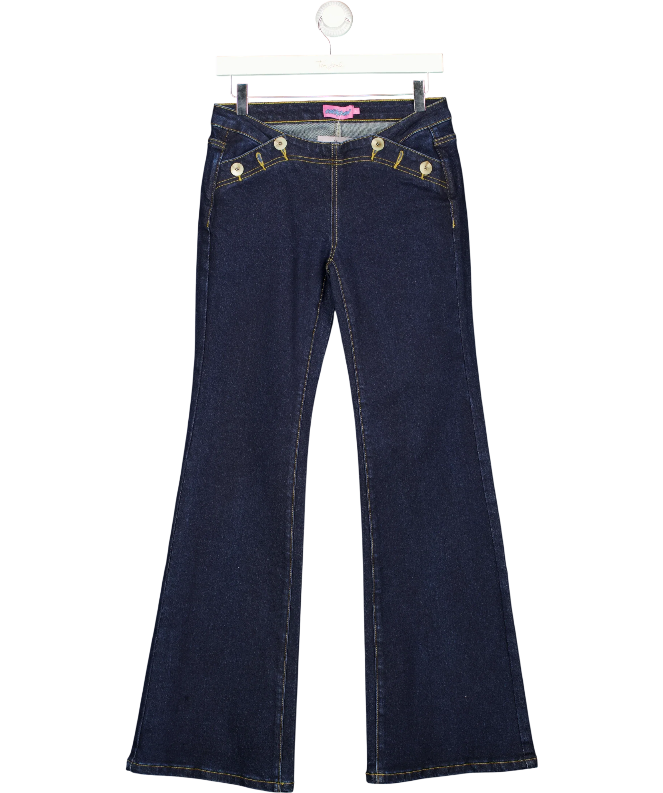 Edikted Blue Alison Dark Wash Low Rise Flared Jeans, size UK S — front