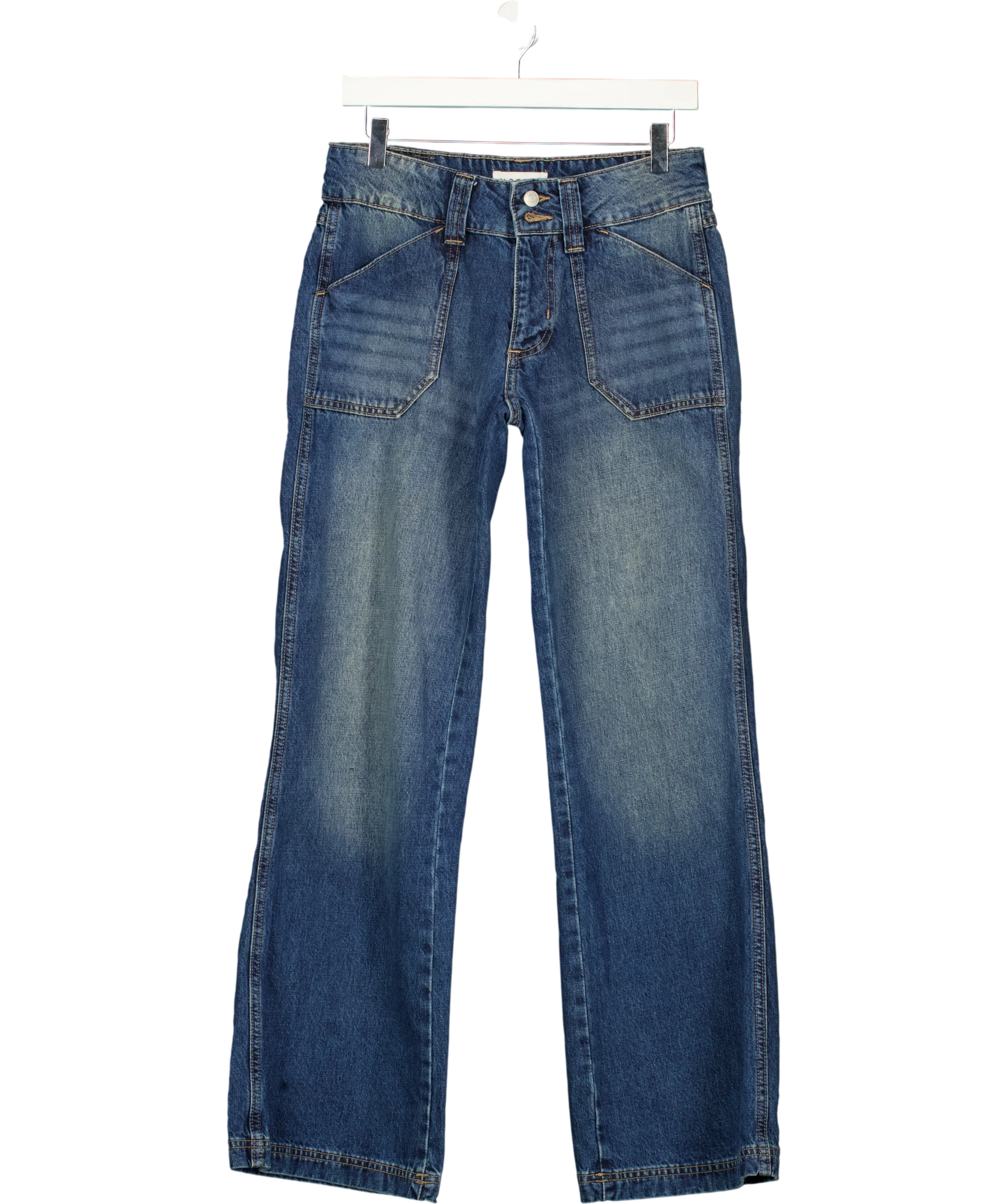 MOTEL Blue s Vintage Mid Blue Pocket Front Wide Leg Jeans W26 L32, size UK 8 — front