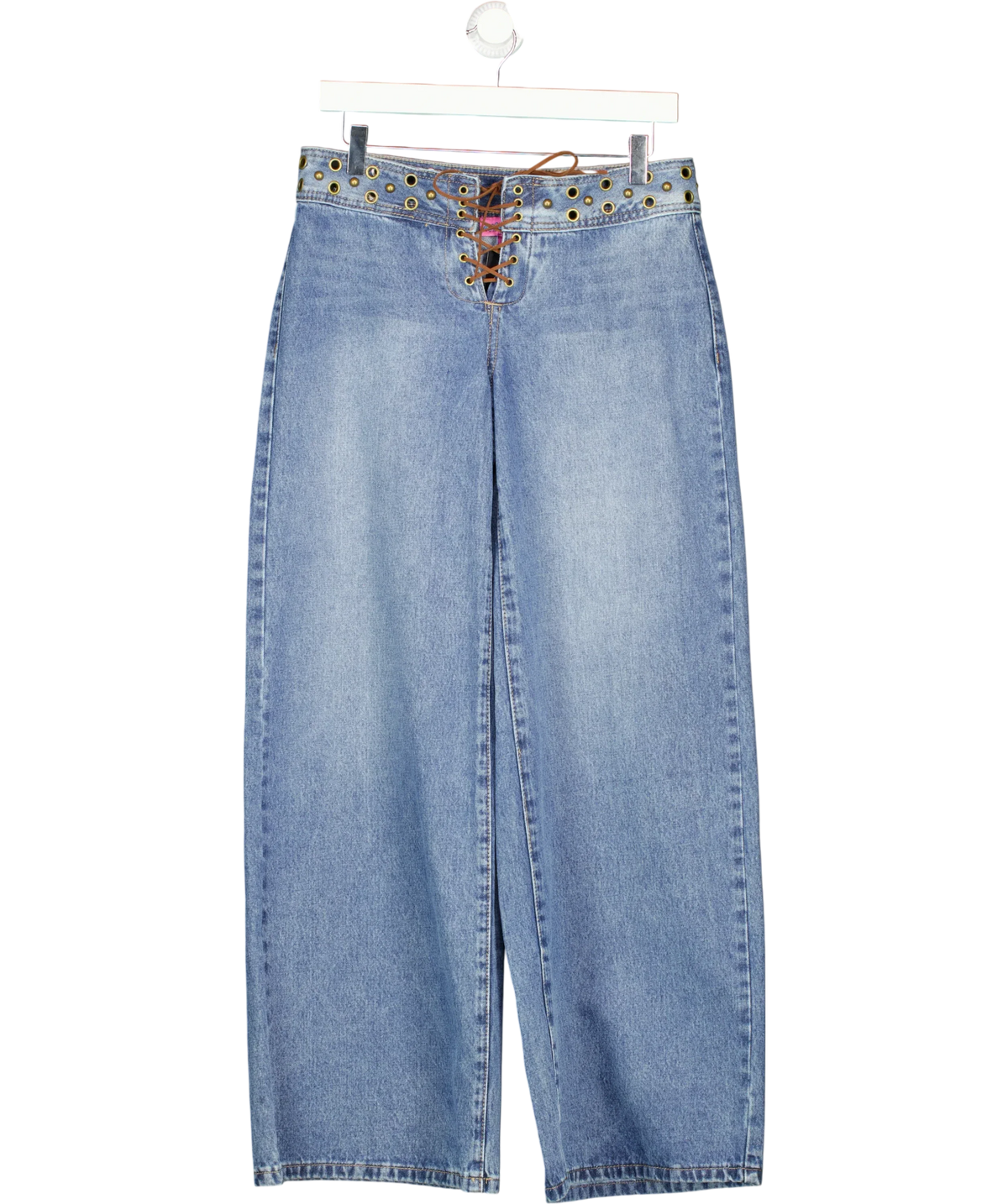 Edikted Blue Grommet Wide Leg Lace Up Jeans, size UK S — front