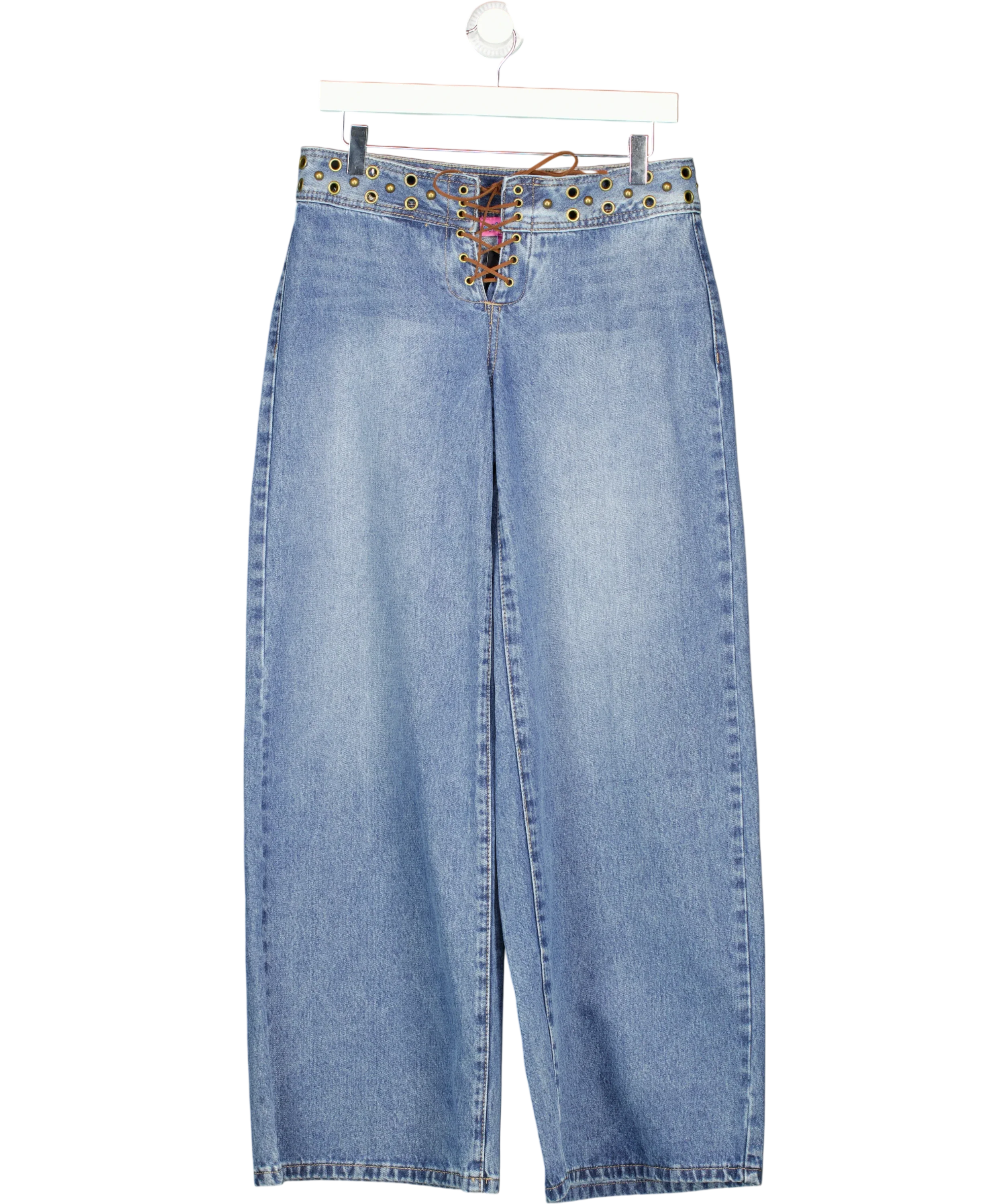 Edikted Blue Grommet Wide Leg Lace Up Jeans, size UK S — front