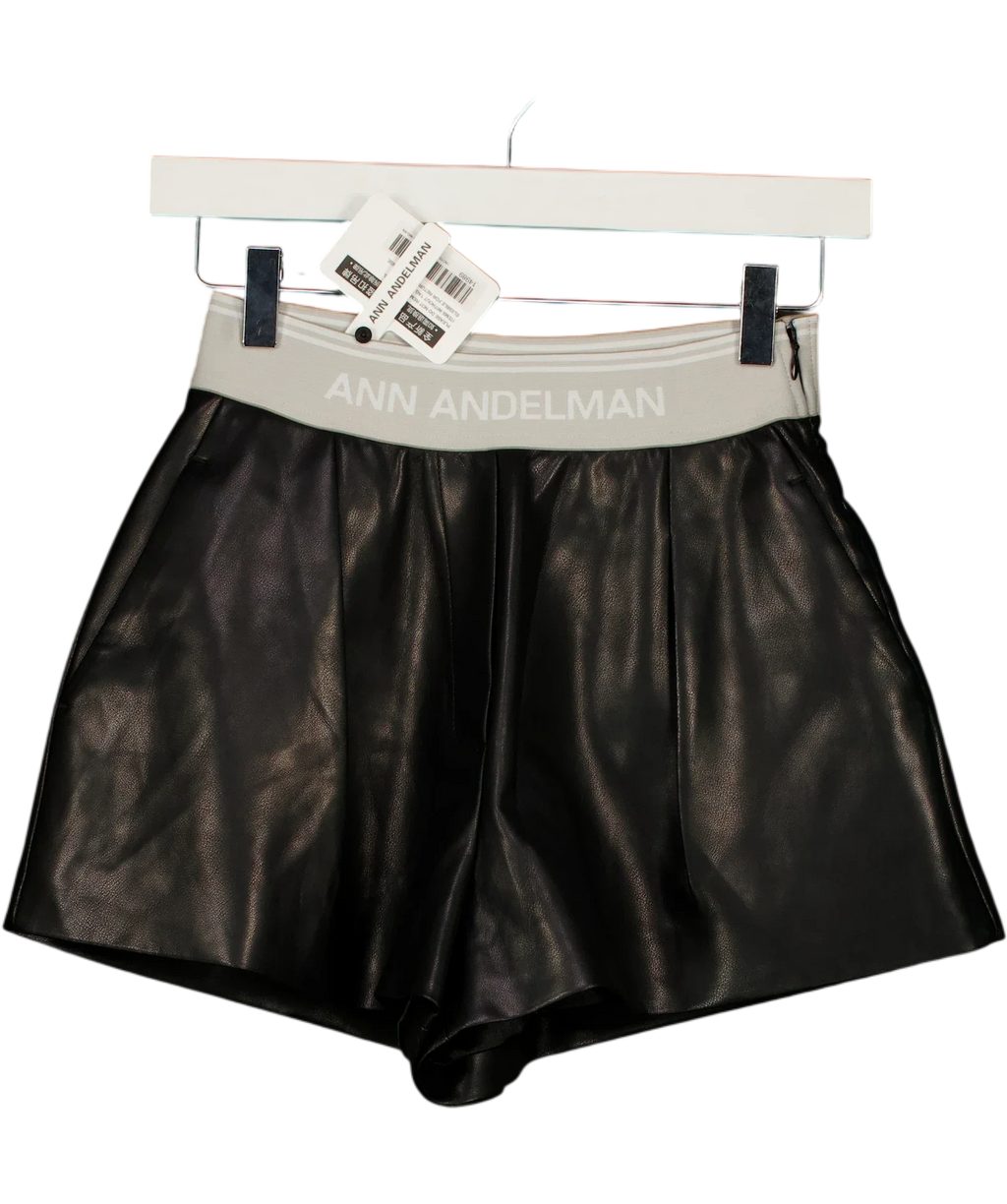 ANN ANDELMAN Black Black Faux Leather Logo Waistband Shorts, size UK XS — front