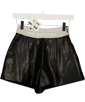 ANN ANDELMAN Black Faux Leather Logo Waistband Shorts UK XS