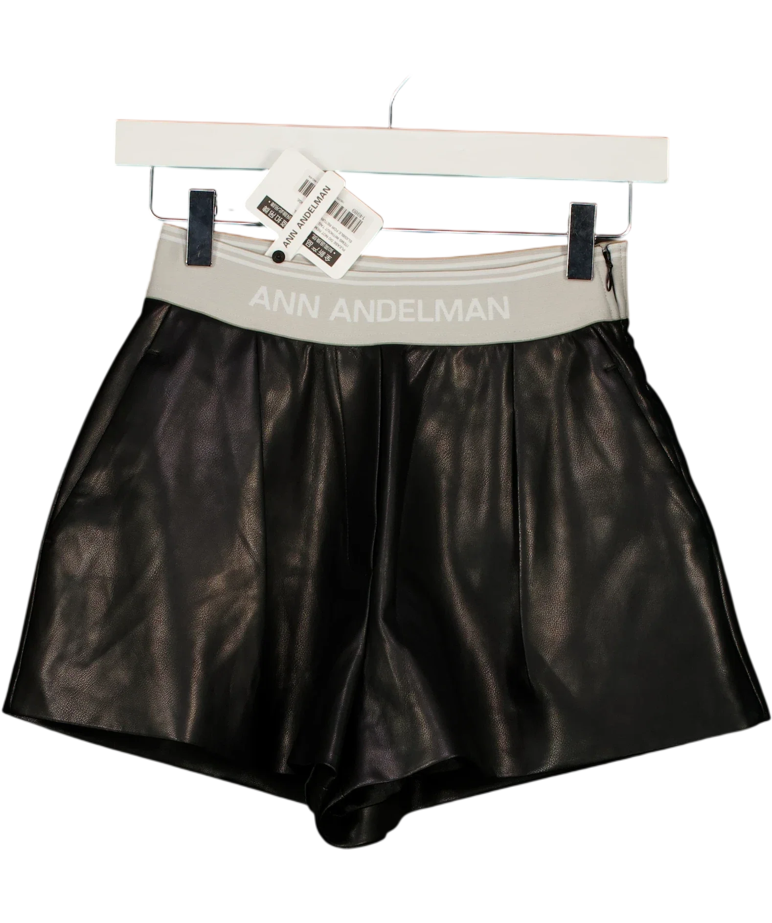 ANN ANDELMAN Black Black Faux Leather Logo Waistband Shorts, size UK XS — front