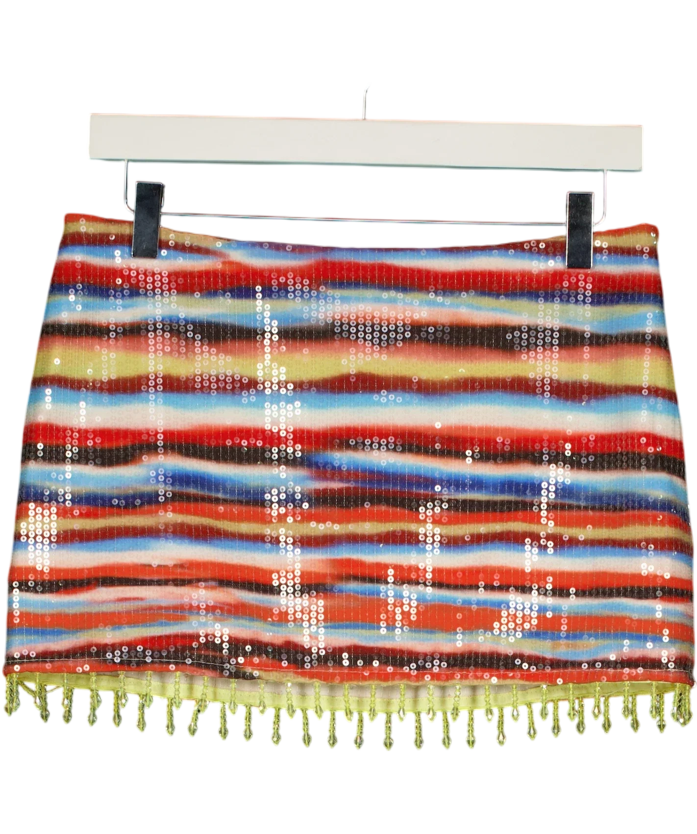 WHITE FOX Multicoloured Multi-Colour Striped Sequin Fringe Mini Skirt, size UK S — front