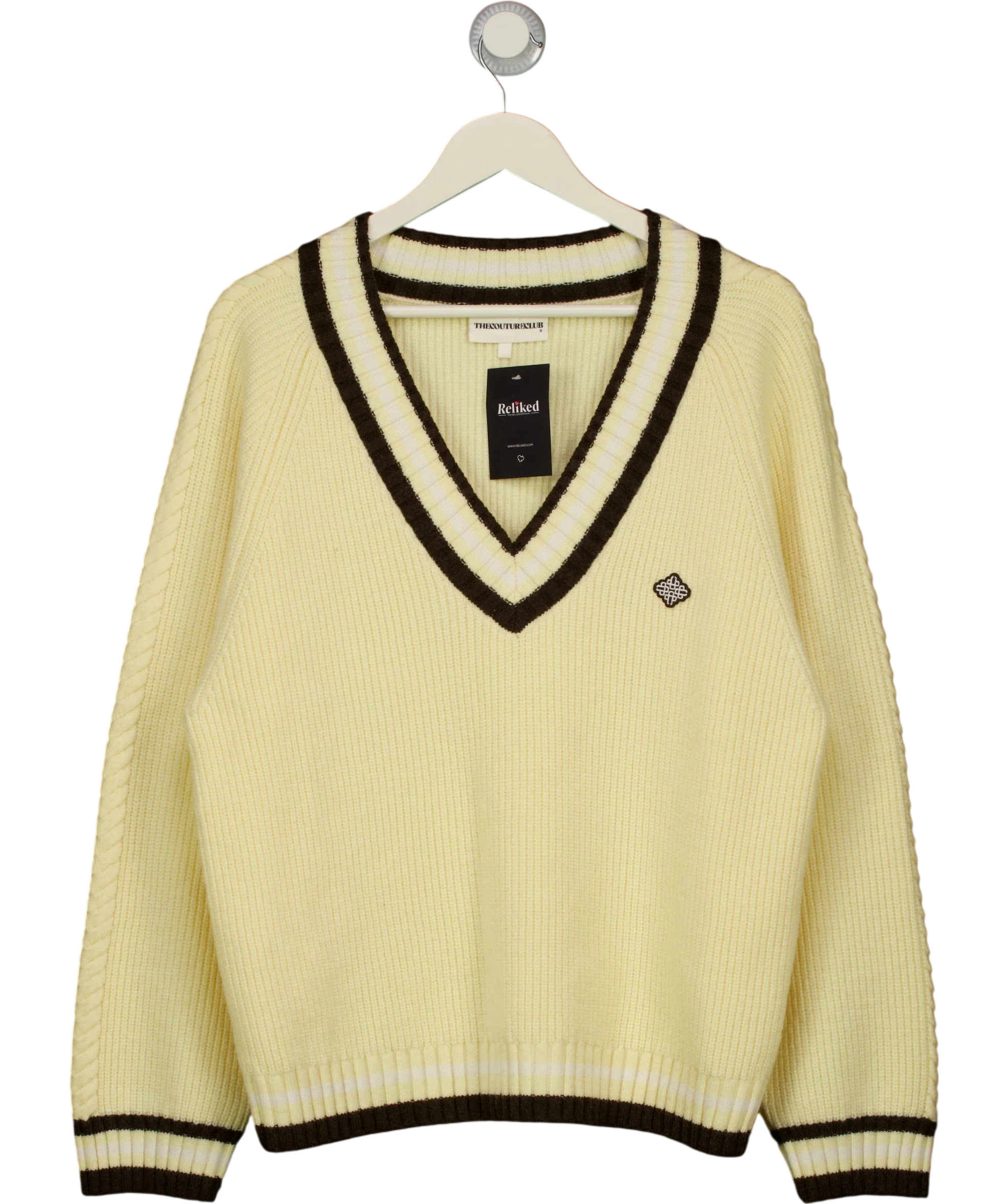 The Couture Club Cream Pastel Yellow V Neck Cricket Jumper, size UK S — front