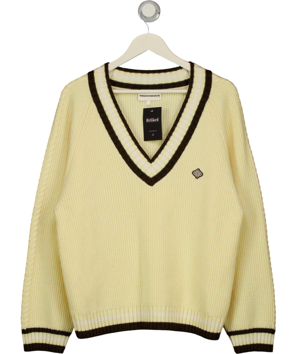 The Couture Club Cream Pastel Yellow V Neck Cricket Jumper, size UK S — front