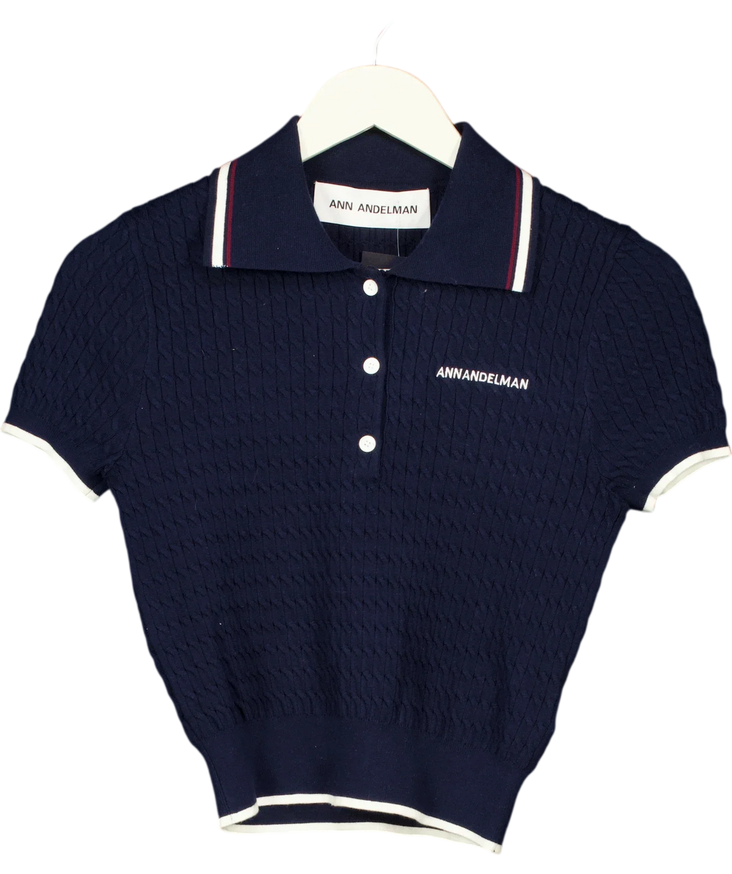 ANN ANDELMAN Blue Navy Blue Cable Knit Short Sleeved Polo Top, size UK XS — front