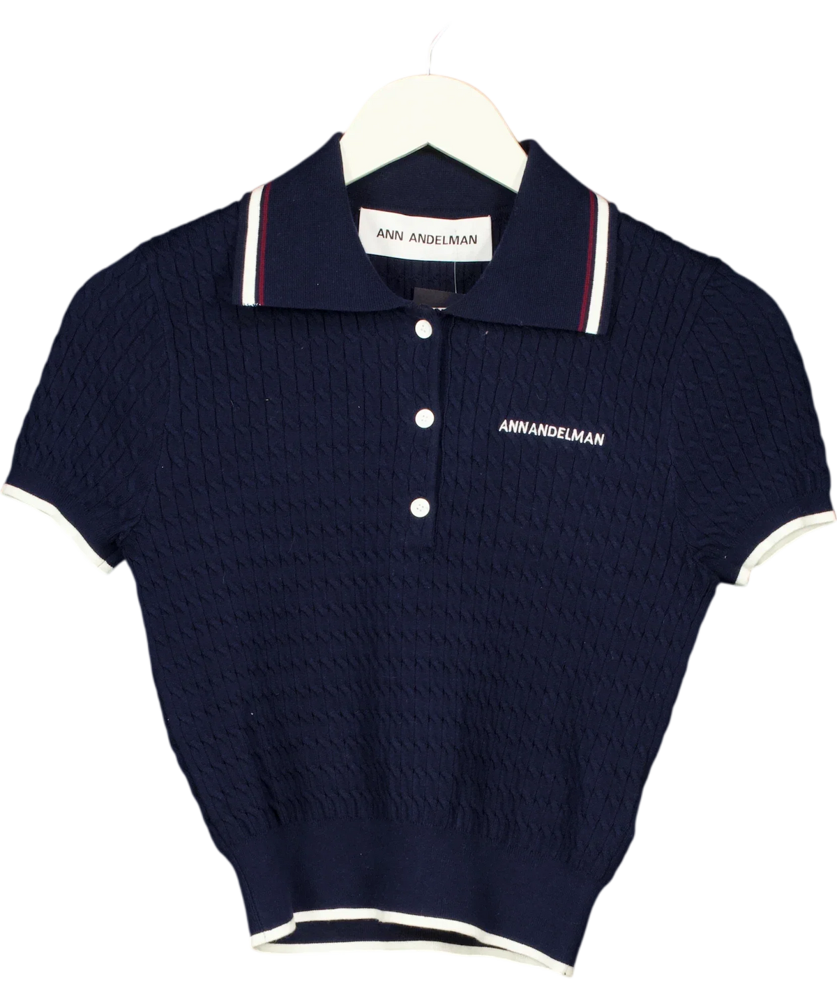 ANN ANDELMAN Blue Navy Blue Cable Knit Short Sleeved Polo Top, size UK XS — front