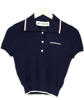 ANN ANDELMAN Blue Navy Blue Cable Knit Short Sleeved Polo Top, size UK XS — front