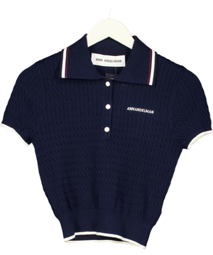 ANN ANDELMAN Navy Blue Cable Knit Short Sleeved Polo Top UK XS