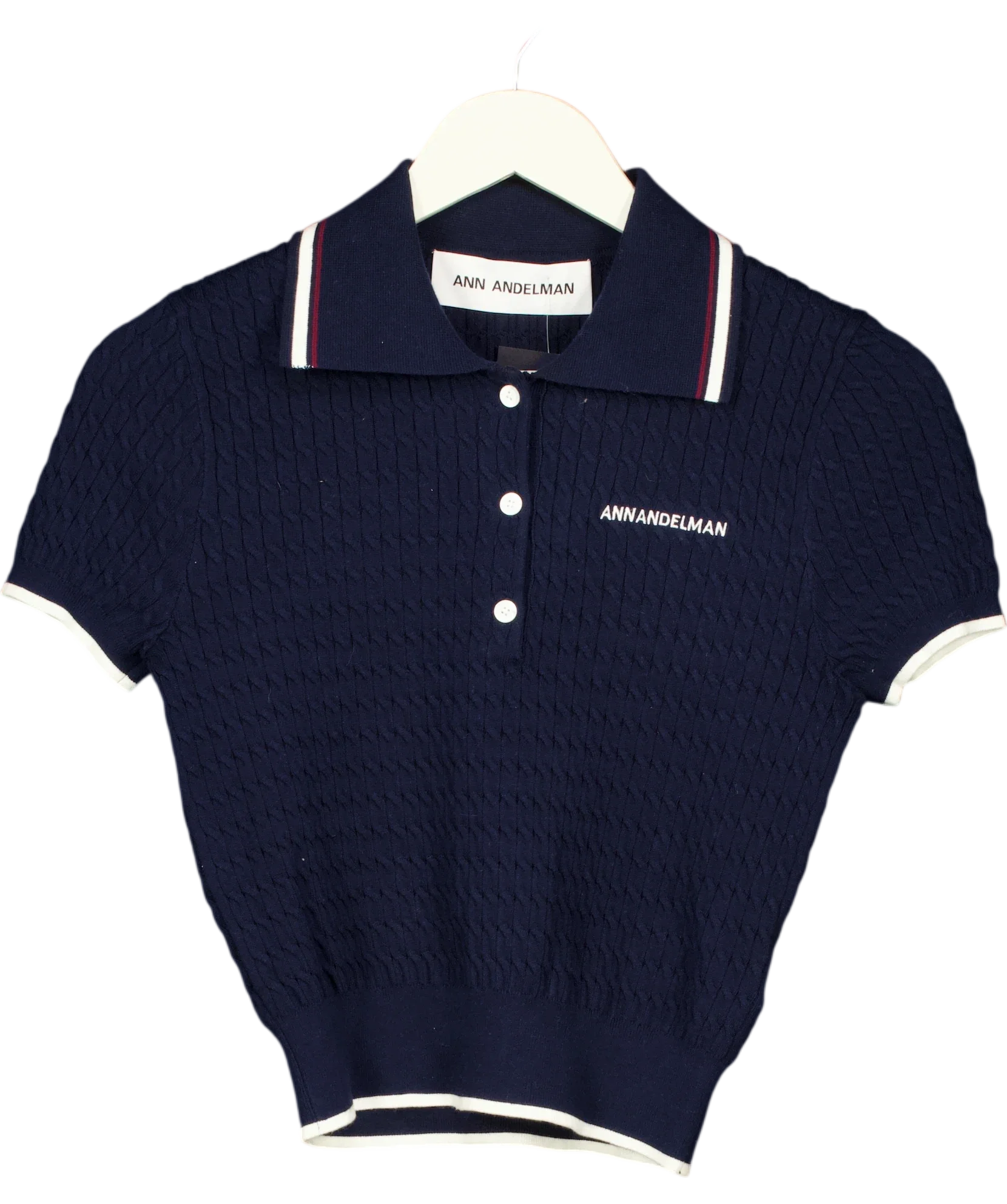 ANN ANDELMAN Blue Navy Blue Cable Knit Short Sleeved Polo Top, size UK XS — front