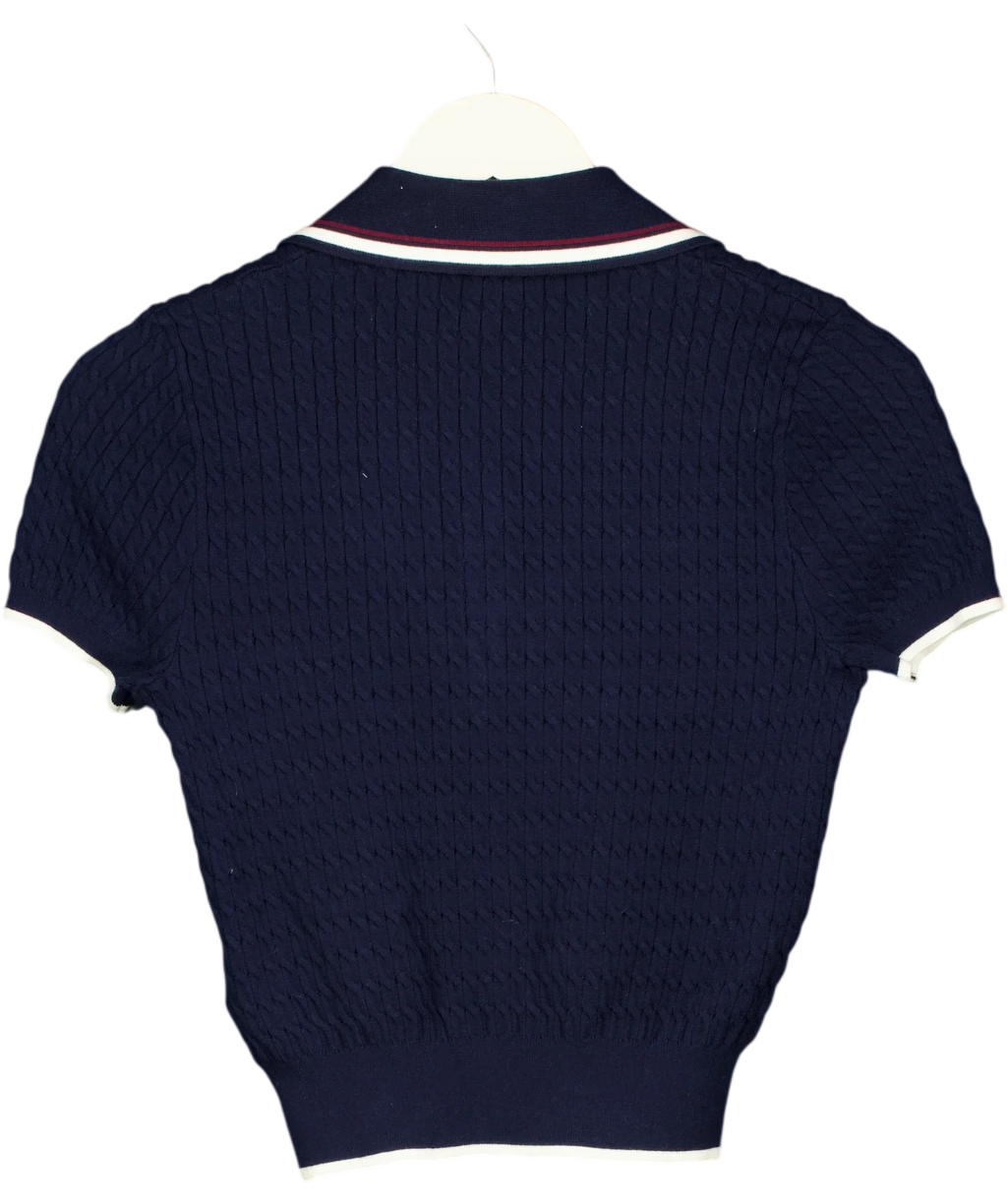 ANN ANDELMAN Blue Navy Blue Cable Knit Short Sleeved Polo Top, size UK XS — back
