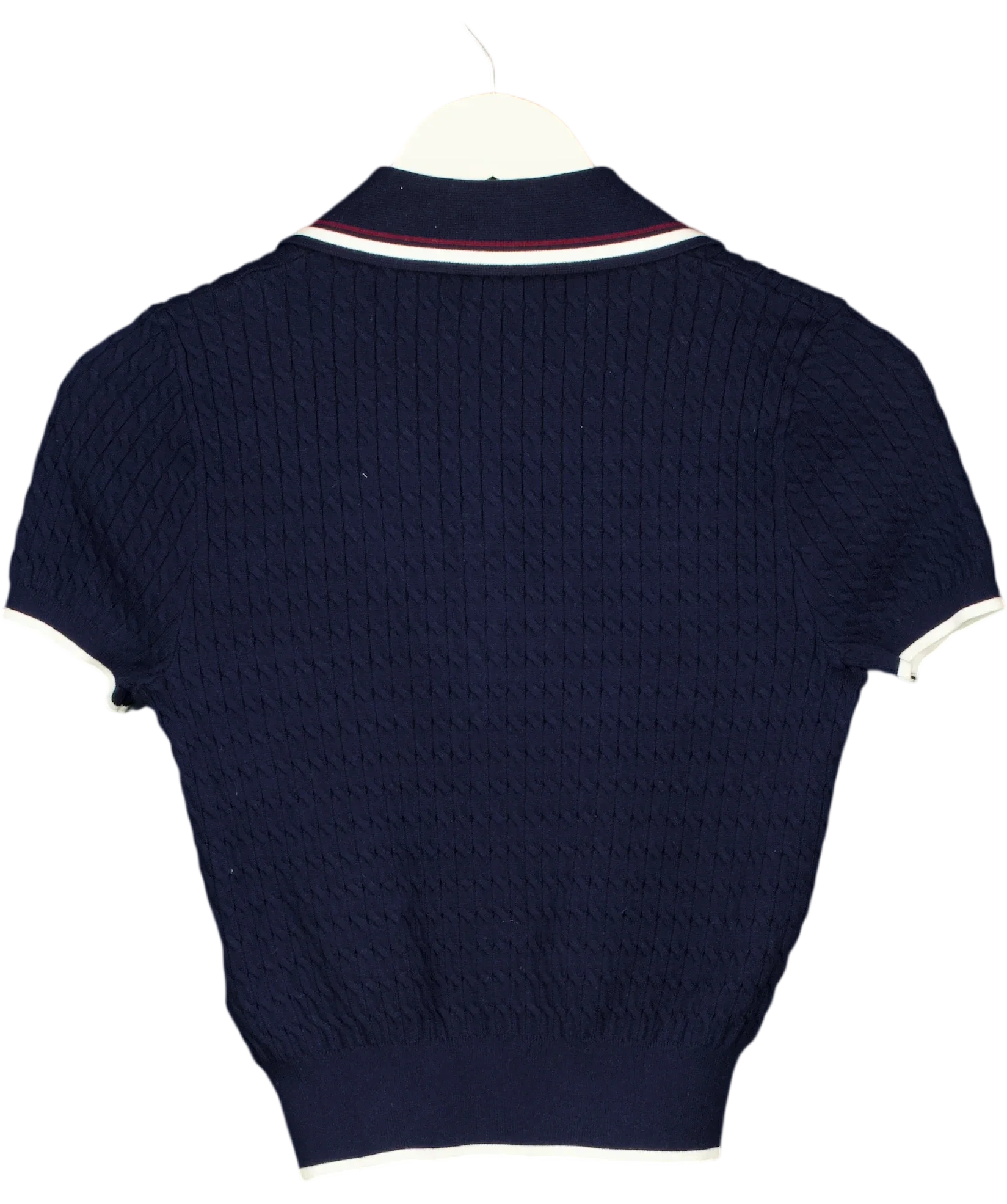 ANN ANDELMAN Blue Navy Blue Cable Knit Short Sleeved Polo Top, size UK XS — back