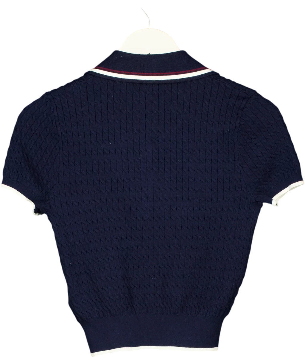 ANN ANDELMAN Blue Navy Blue Cable Knit Short Sleeved Polo Top, size UK XS — back