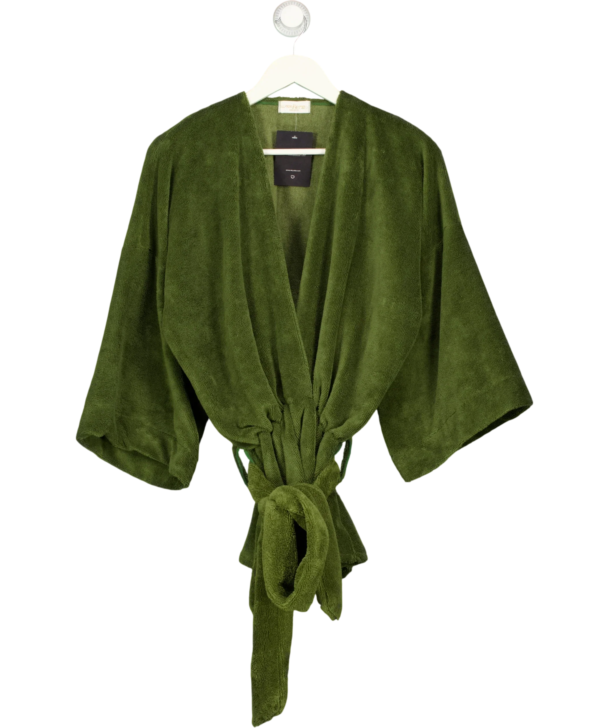 all from fern Green All From Fern Olive Green Towelling Tie Front Robe Jacket, size UK M — front