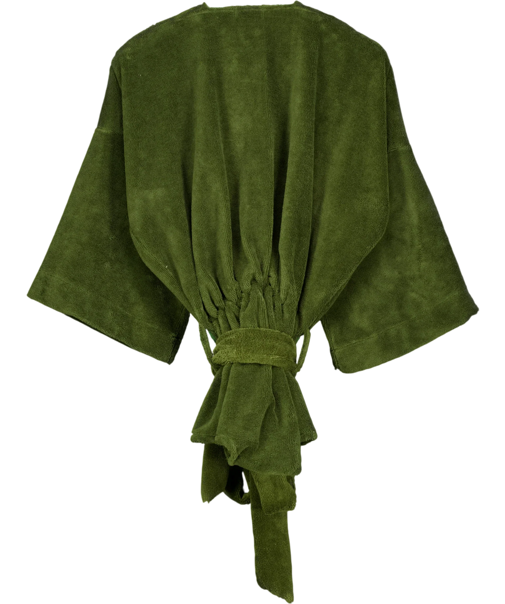 all from fern Green All From Fern Olive Green Towelling Tie Front Robe Jacket, size UK M — back