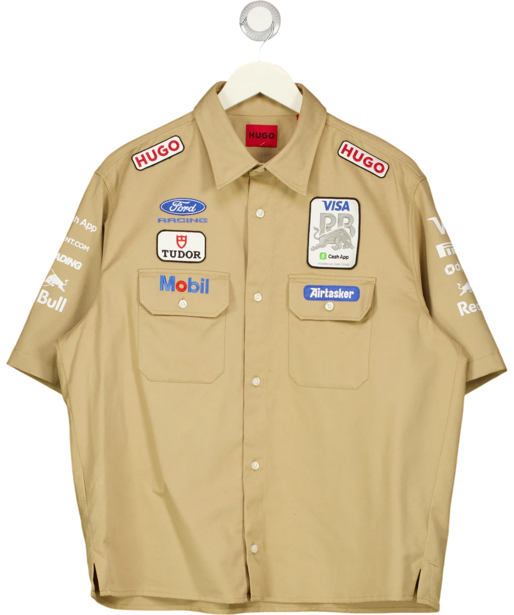 HUGO Beige VCARB F1 Team Beige Short Sleeved Sponsor Patch Shirt, size UK S — front