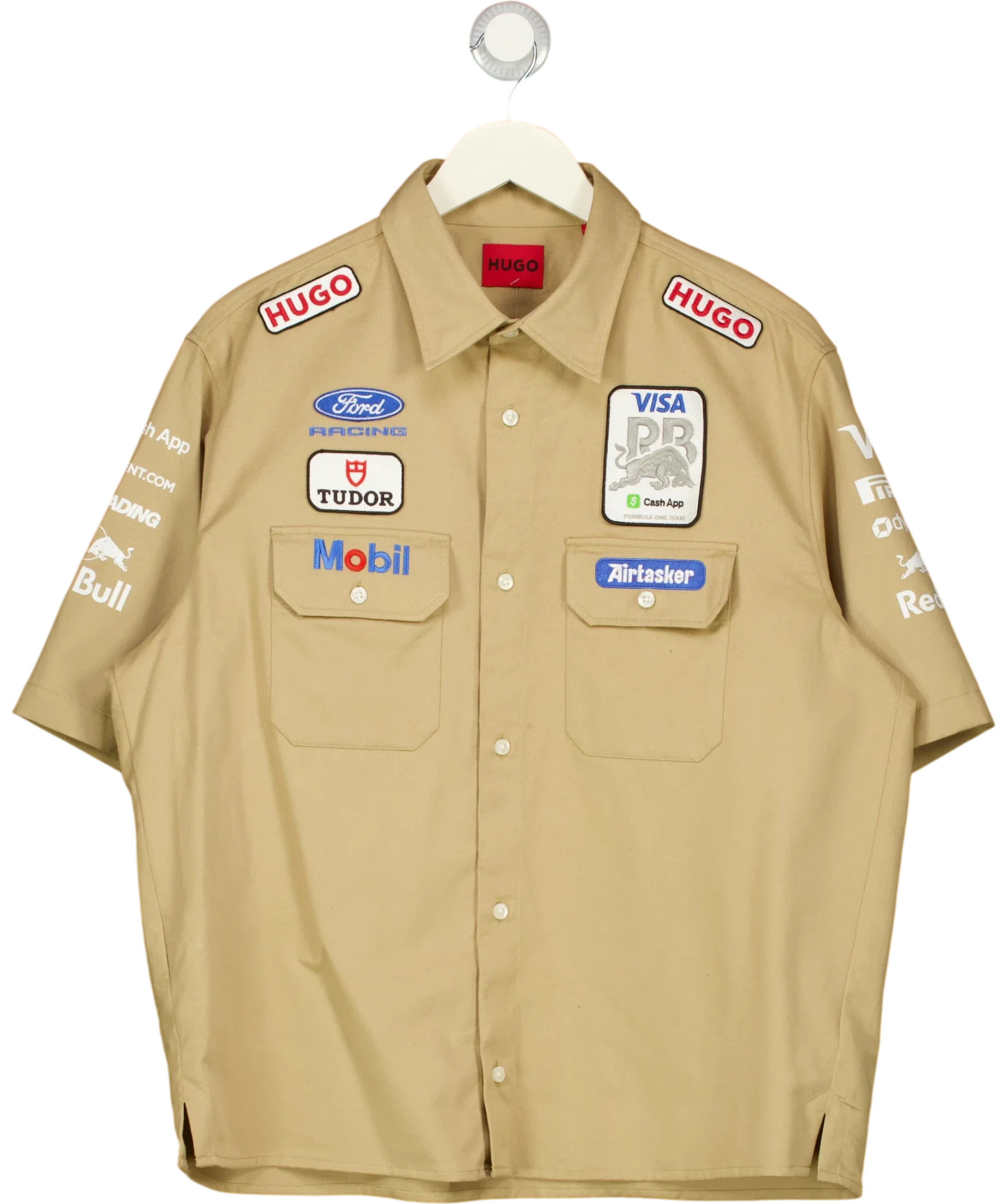 HUGO Beige VCARB F1 Team Beige Short Sleeved Sponsor Patch Shirt, size UK S — front