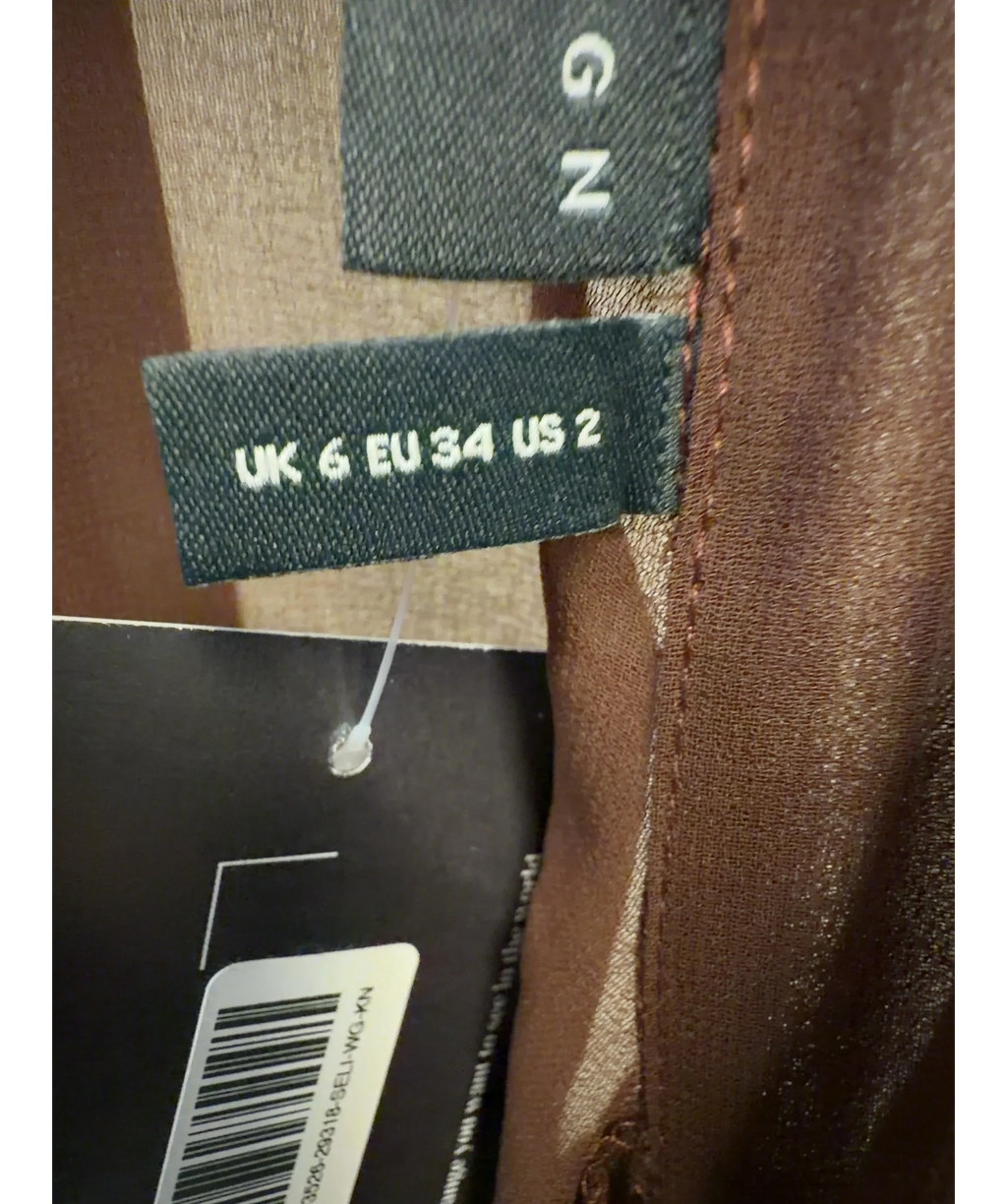 ASOS Brown x The Sourced Collection Brown Tie Front Chiffon Blouse, size UK 6 — care label