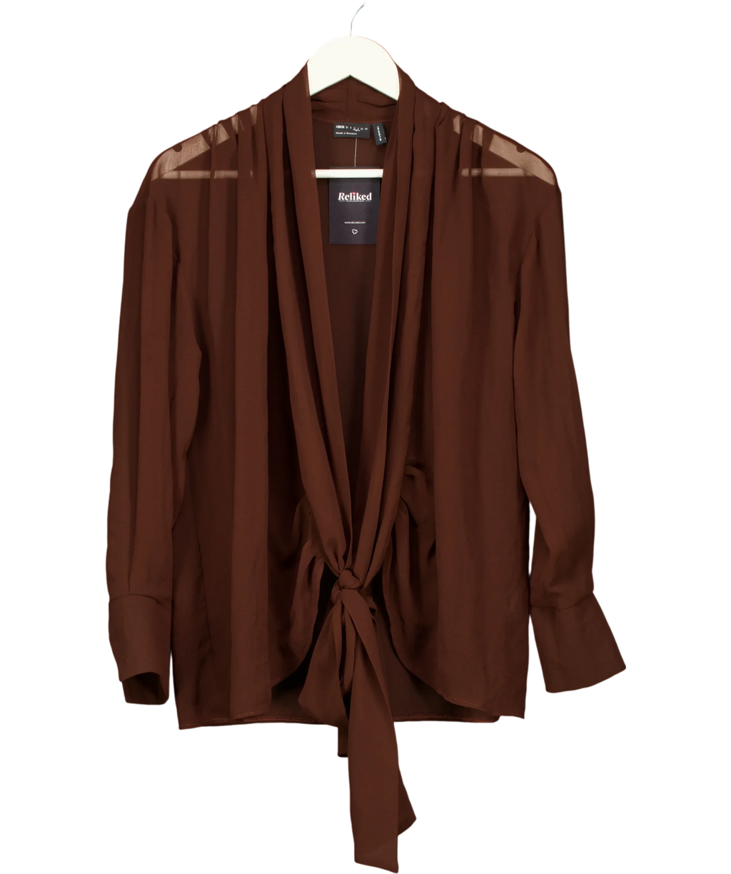ASOS Brown x The Sourced Collection Brown Tie Front Chiffon Blouse, size UK 6 — front