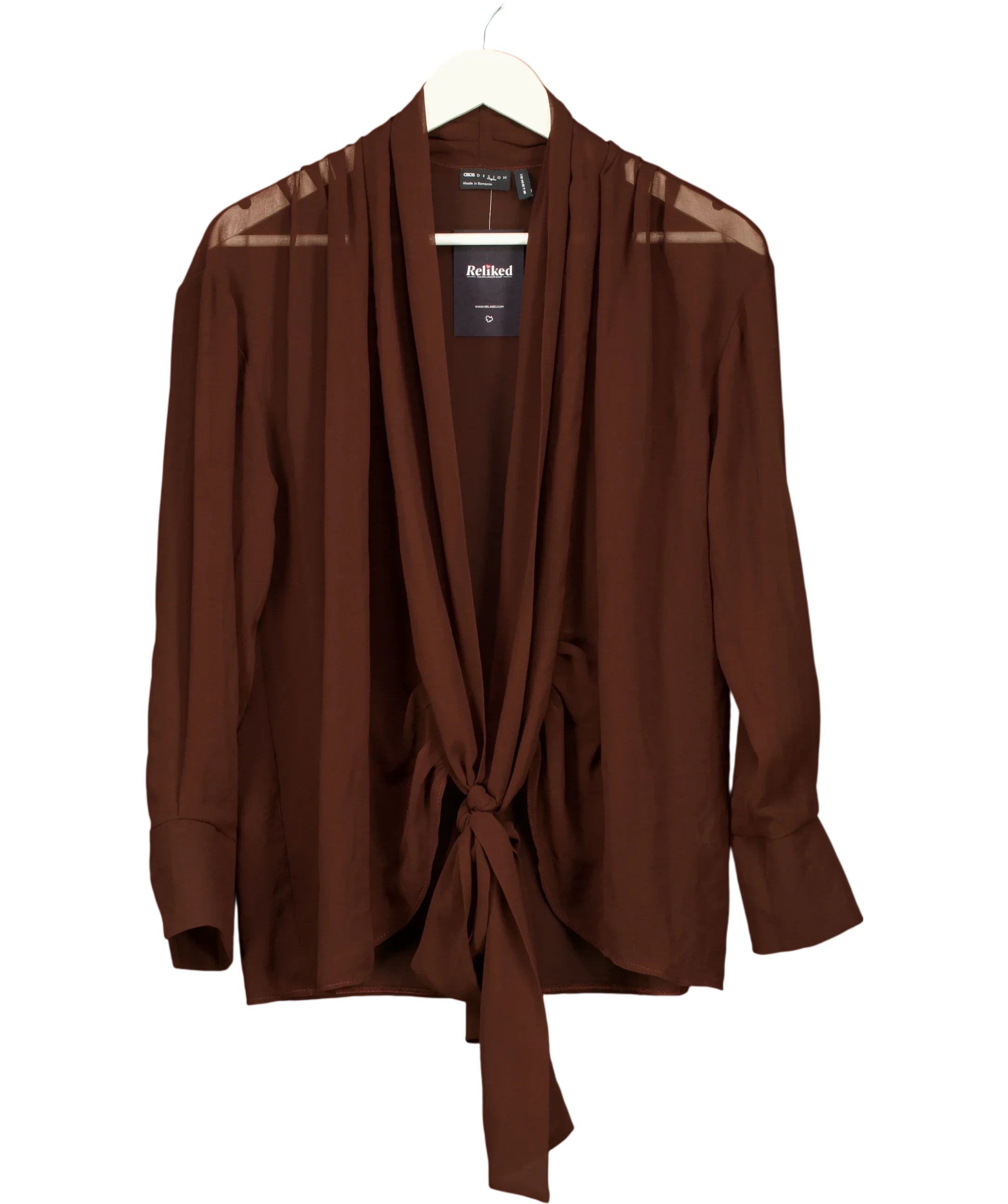 ASOS Brown x The Sourced Collection Brown Tie Front Chiffon Blouse, size UK 6 — front