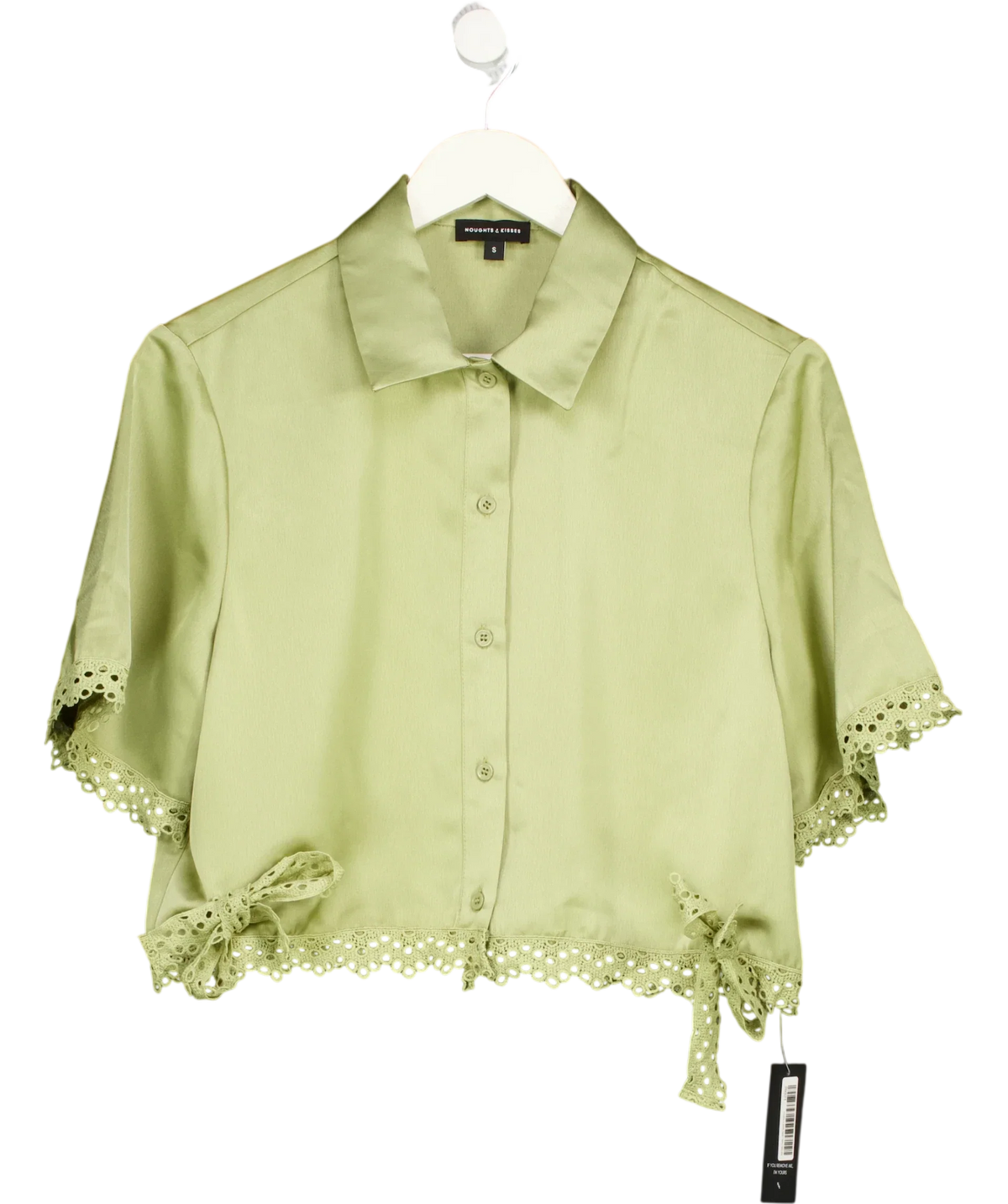 Noughts & Kisses Green Tallula Olive Crochet Trim Shirt, size UK S — front