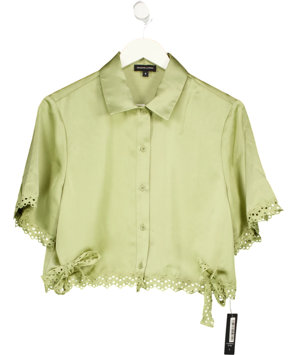 Noughts & Kisses Green Tallula Olive Crochet Trim Shirt, size UK S — front