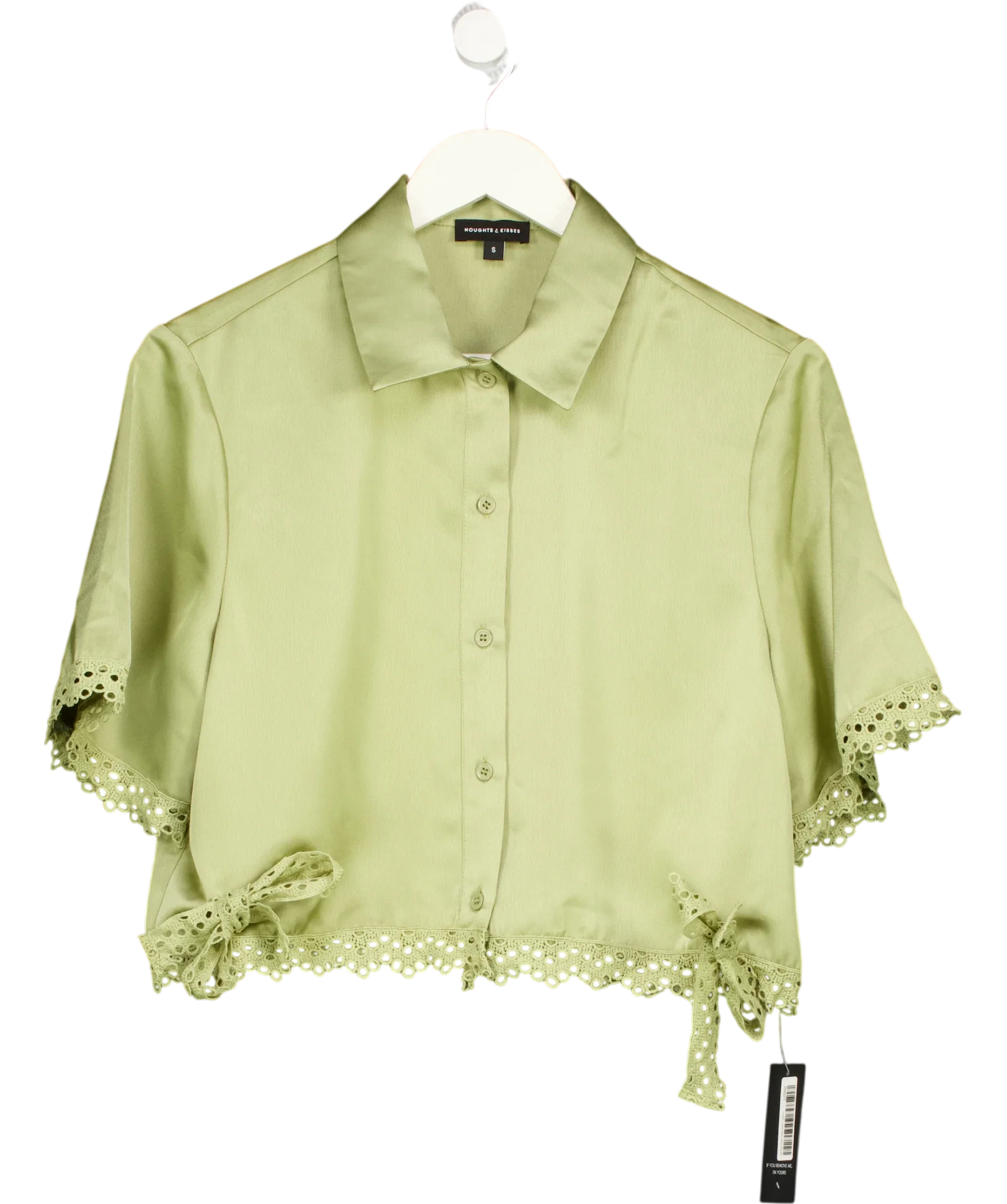 Noughts & Kisses Green Tallula Olive Crochet Trim Shirt, size UK S — front