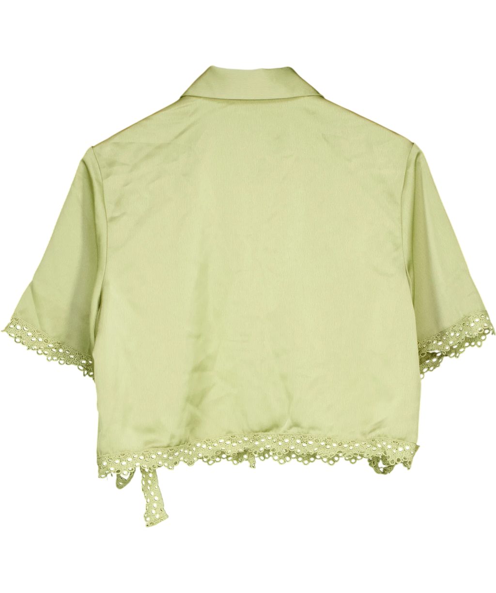 Noughts & Kisses Green Tallula Olive Crochet Trim Shirt, size UK S — back