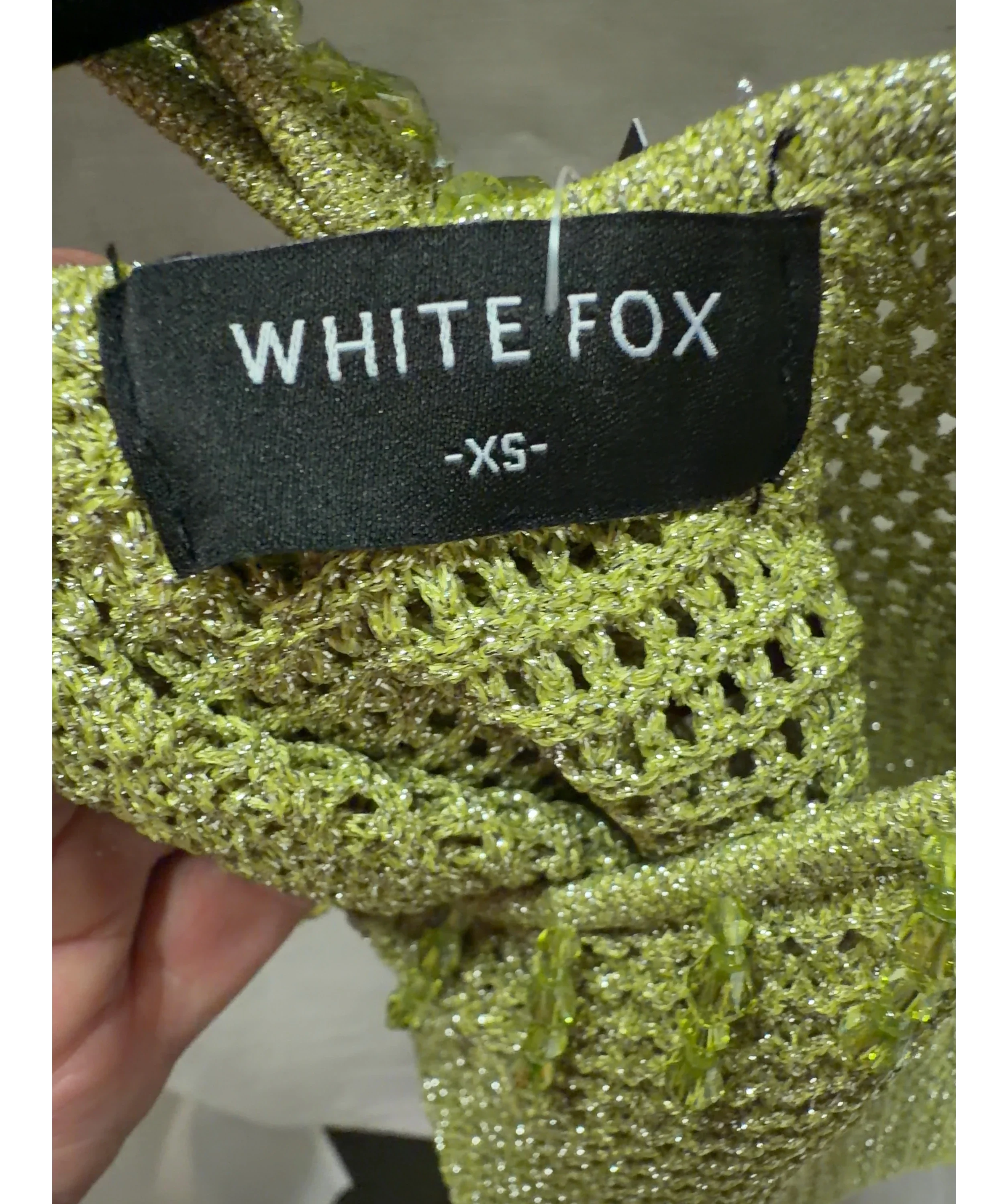WHITE FOX Green Lime Green Metallic Knit Beaded Tank Top, size UK XS — detail