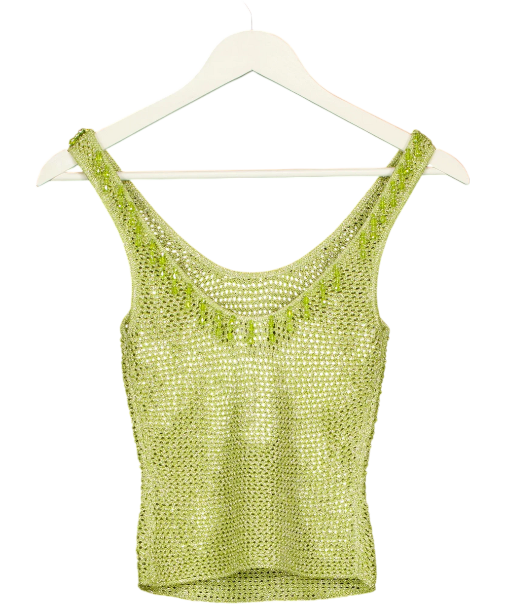 WHITE FOX Green Lime Green Metallic Knit Beaded Tank Top, size UK XS — back