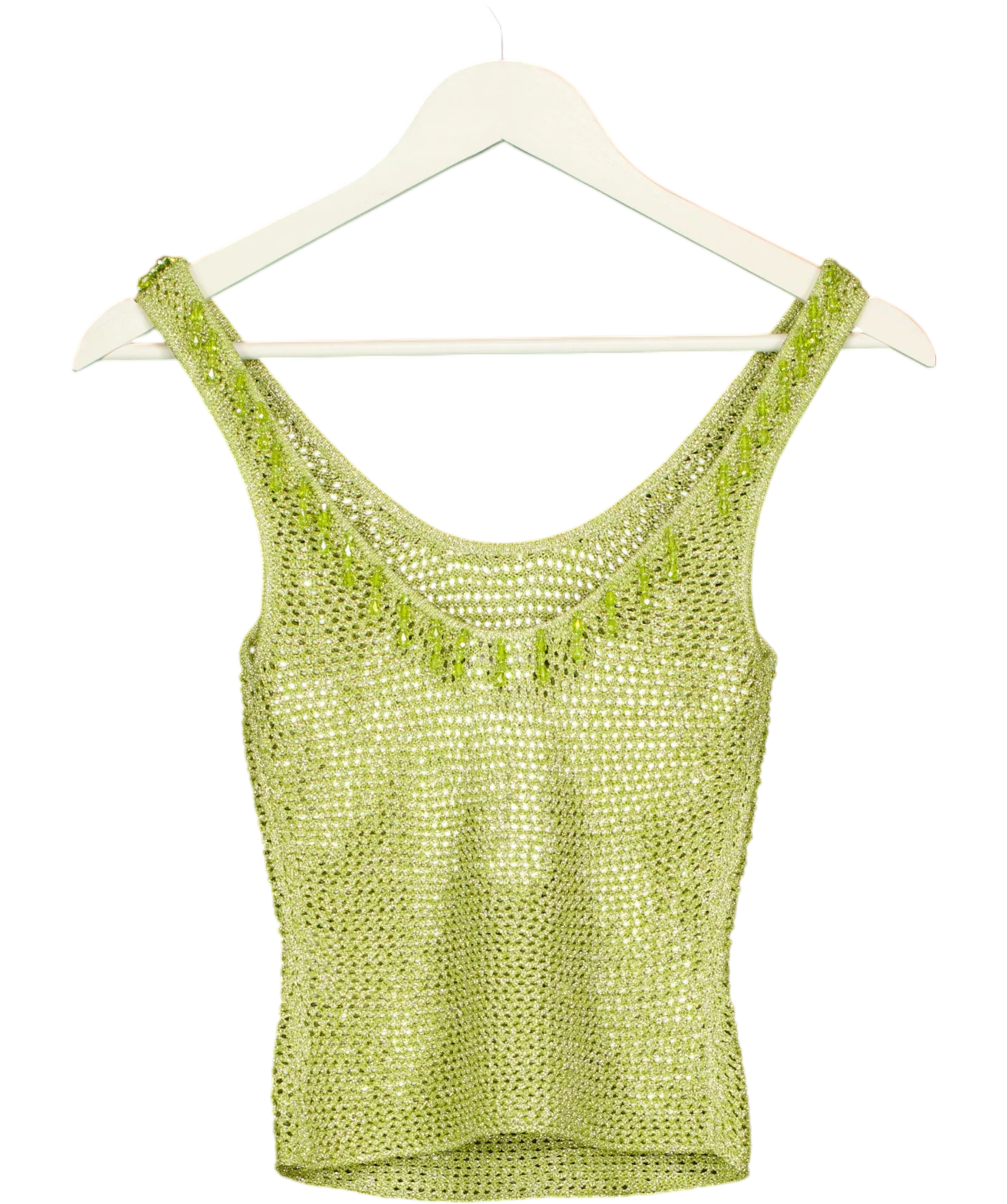 WHITE FOX Green Lime Green Metallic Knit Beaded Tank Top, size UK XS — back