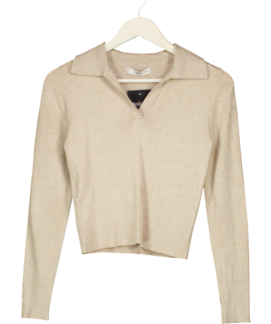 MNG Beige Oatmeal Knit Long Sleeved Polo Jumper, size UK XS — front