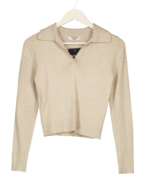 MNG Beige Oatmeal Knit Long Sleeved Polo Jumper UK XS