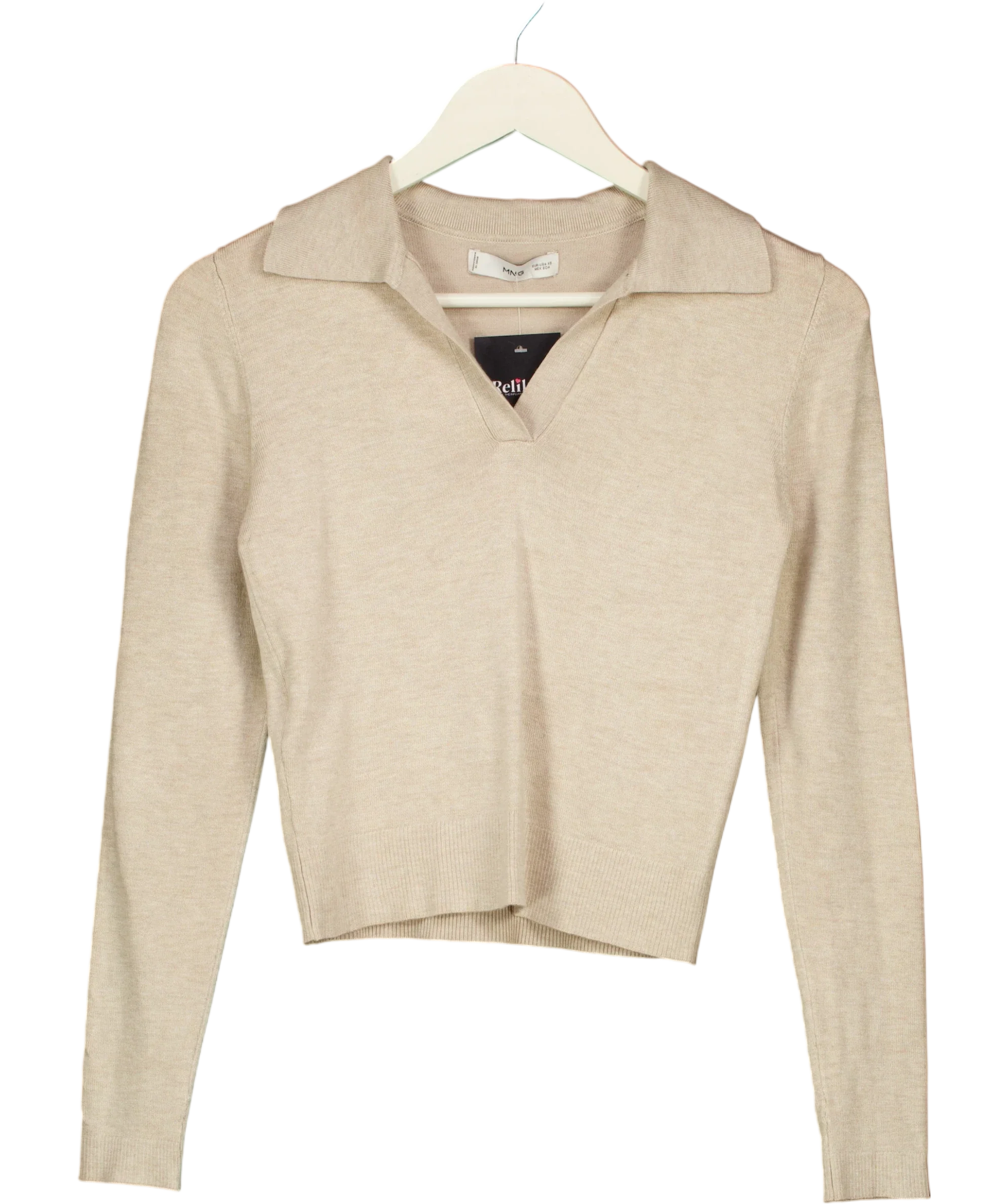 MNG Beige Oatmeal Knit Long Sleeved Polo Jumper, size UK XS — front