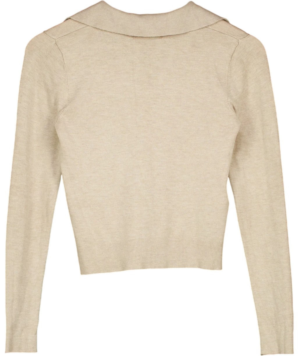 MNG Beige Oatmeal Knit Long Sleeved Polo Jumper, size UK XS — back