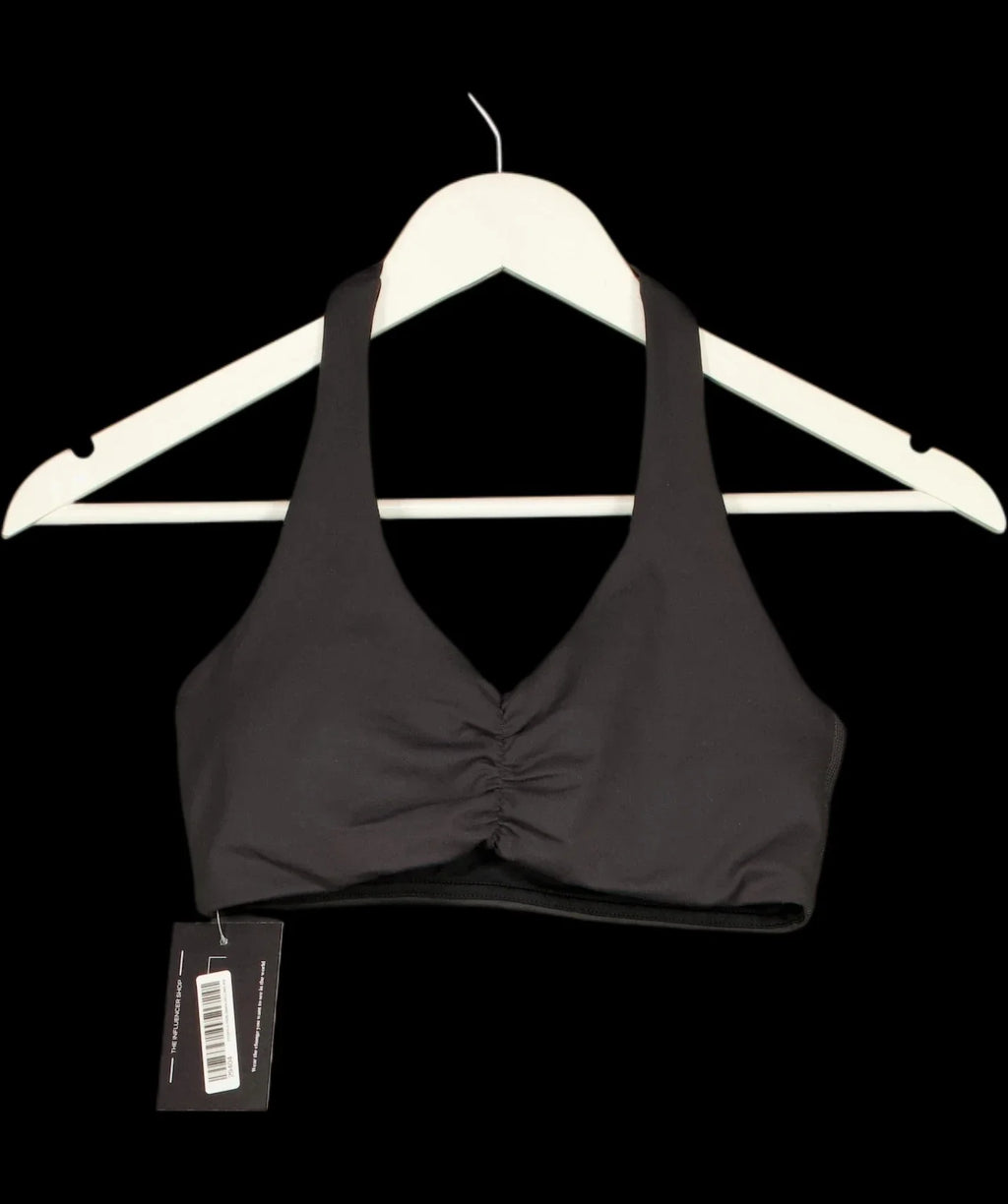 ELITE ELEVEN Grey Black Halter Neck Ruched Sports Bra, size UK S — detail