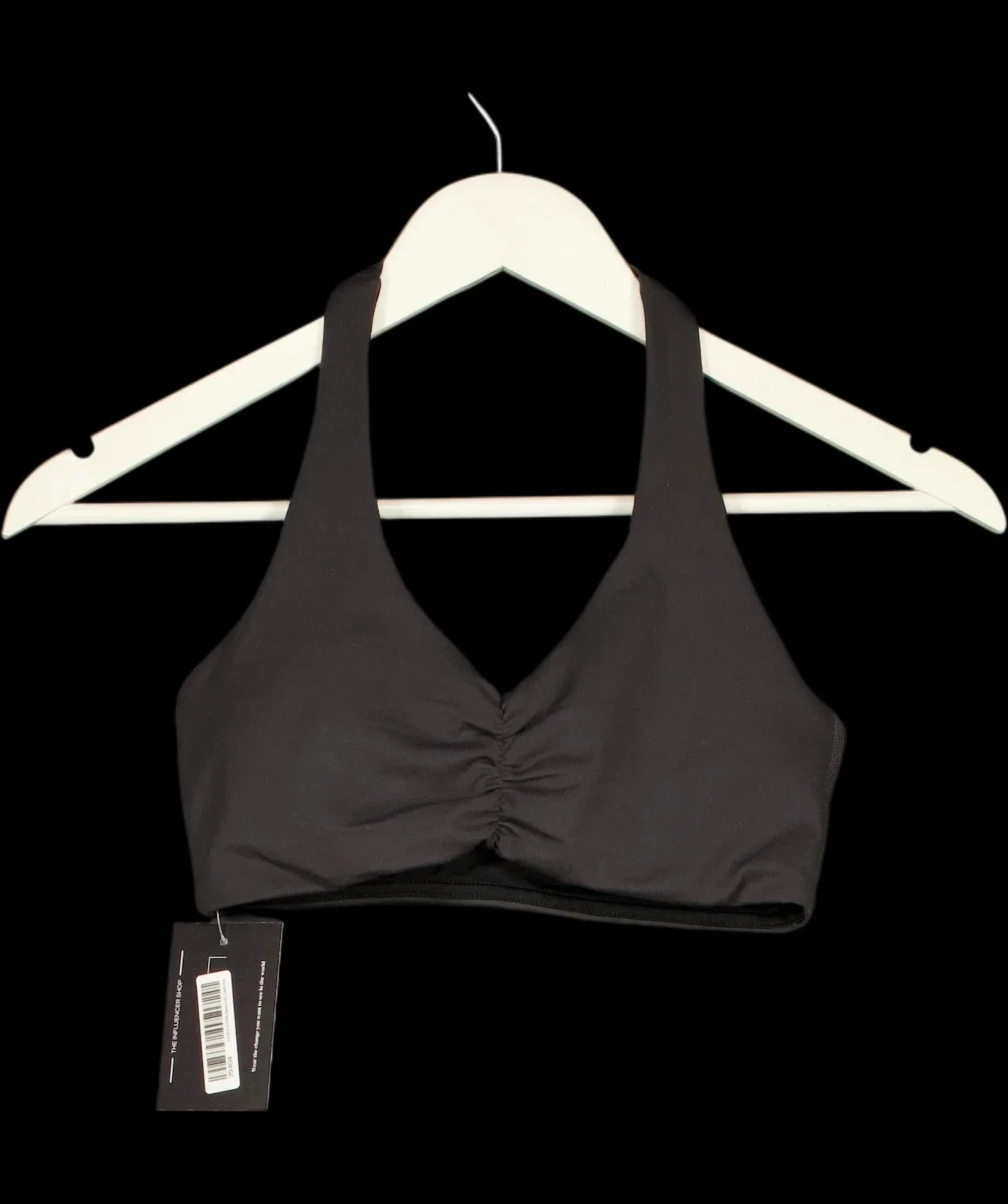 ELITE ELEVEN Grey Black Halter Neck Ruched Sports Bra, size UK S — detail