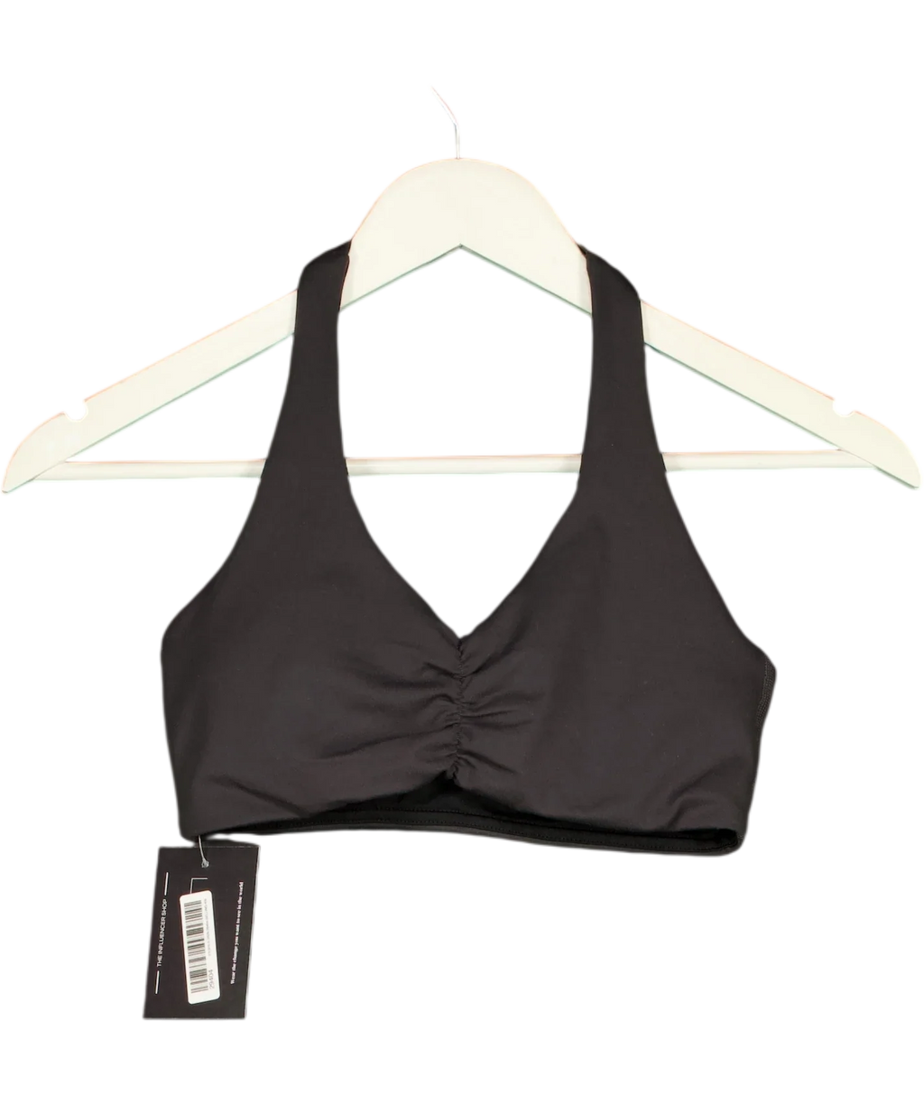 ELITE ELEVEN Grey Black Halter Neck Ruched Sports Bra, size UK S — front