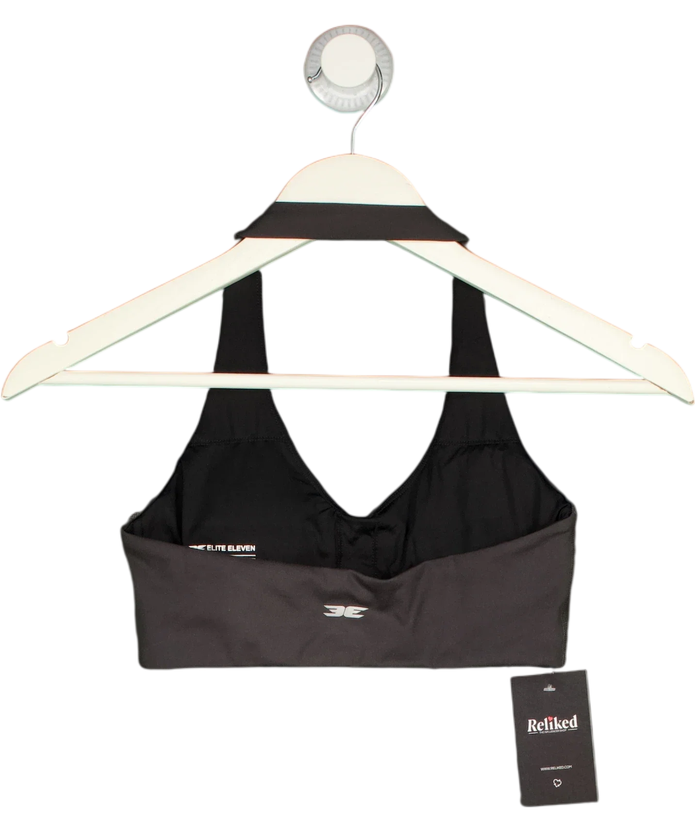 ELITE ELEVEN Grey Black Halter Neck Ruched Sports Bra, size UK S — back