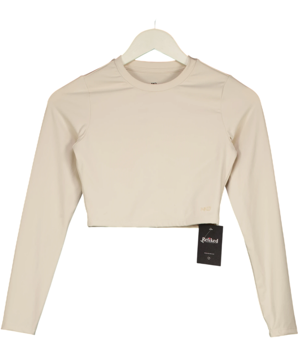 NKD Apparel Beige Long Sleeve Basic Crop Tee Sand BEIGE, size UK S — front
