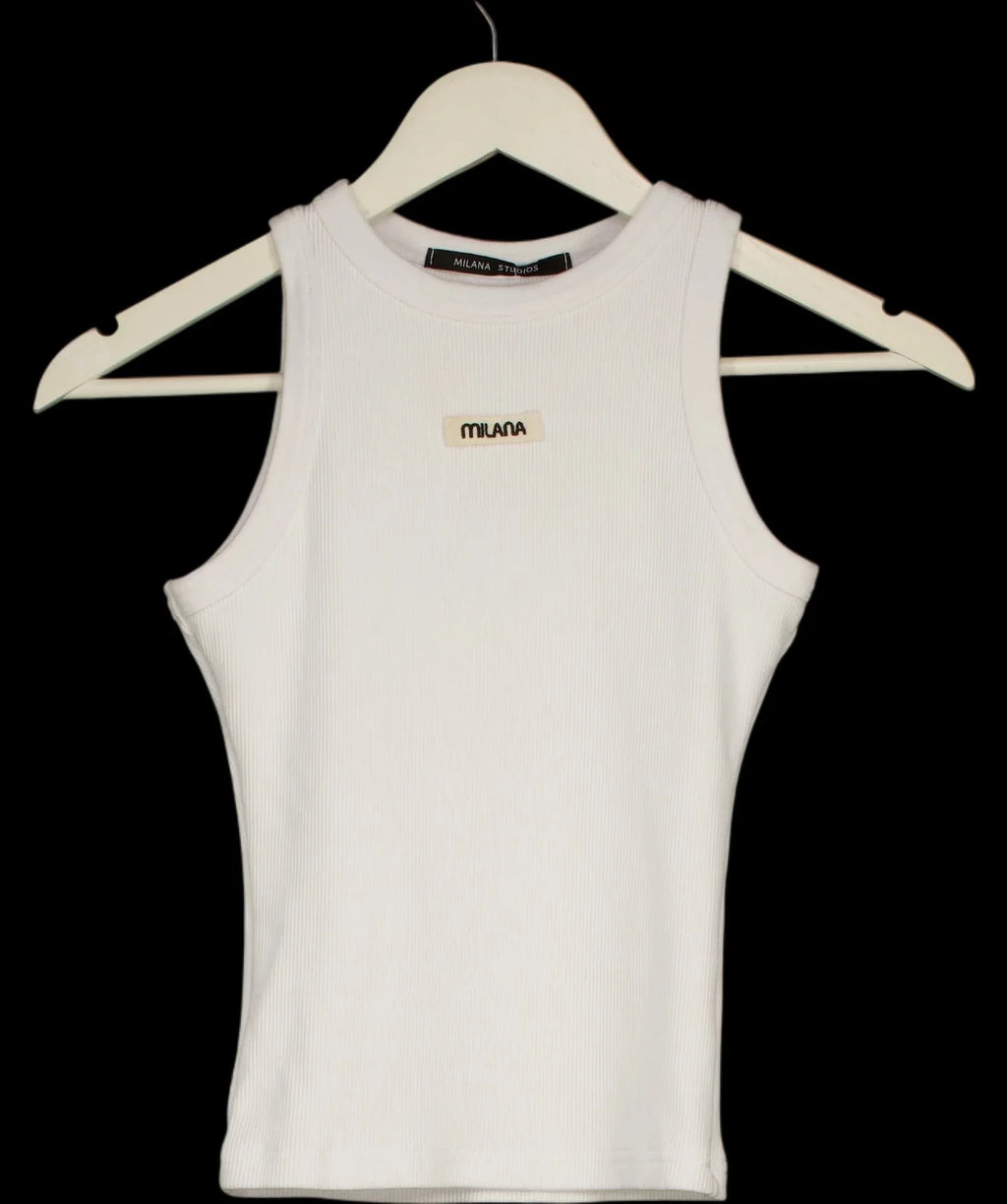 Milana Studios White Core Ribbed Racer Vest White, size UK S — care label