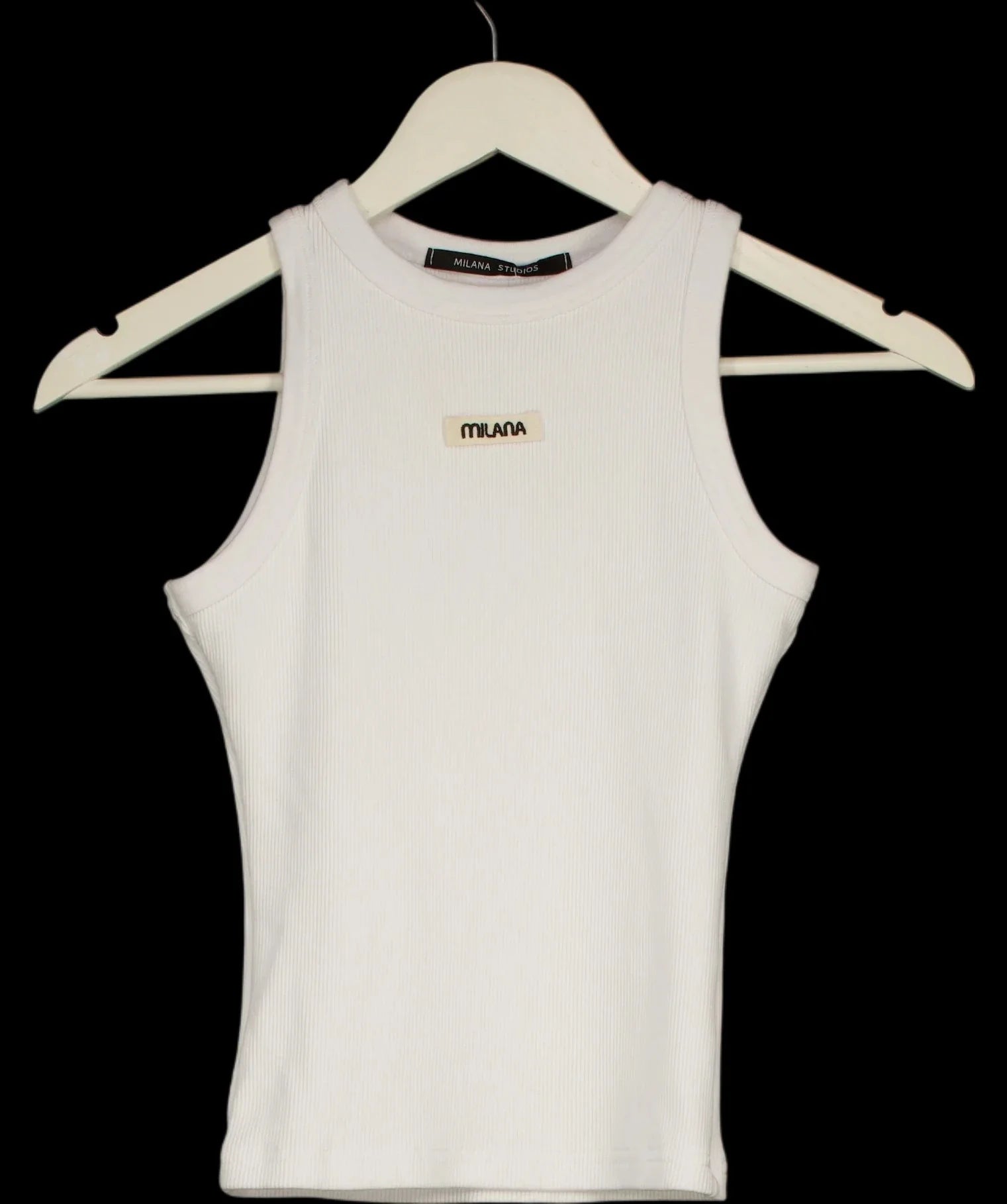 Milana Studios White Core Ribbed Racer Vest White, size UK S — care label